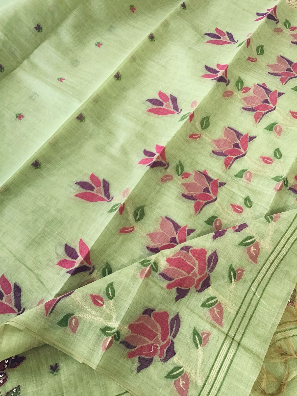 Soft Fine Slub Chanderi Jamdani Weaved Embroidered Suit - Green