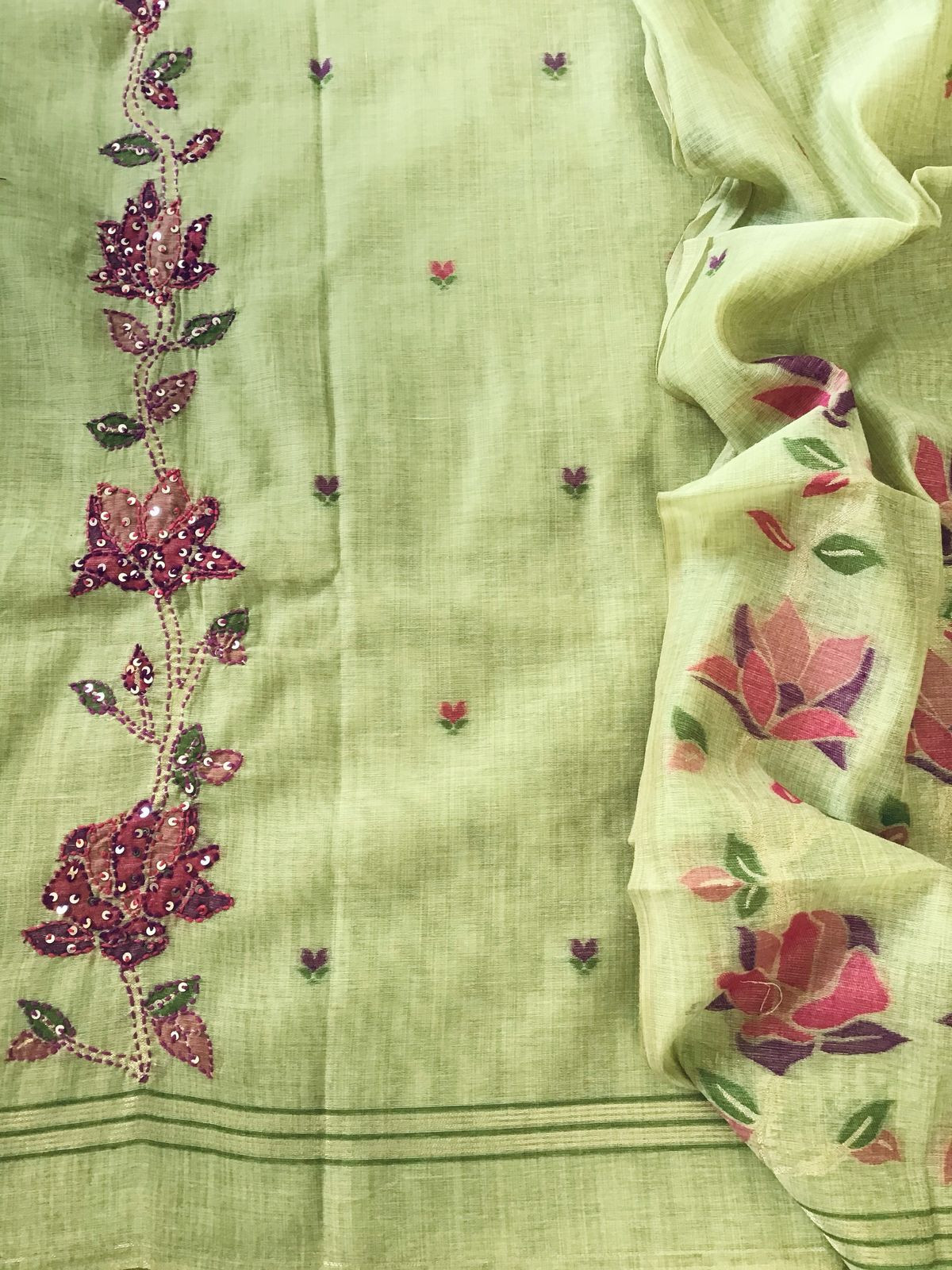 Soft Fine Slub Chanderi Jamdani Weaved Embroidered Suit - Green