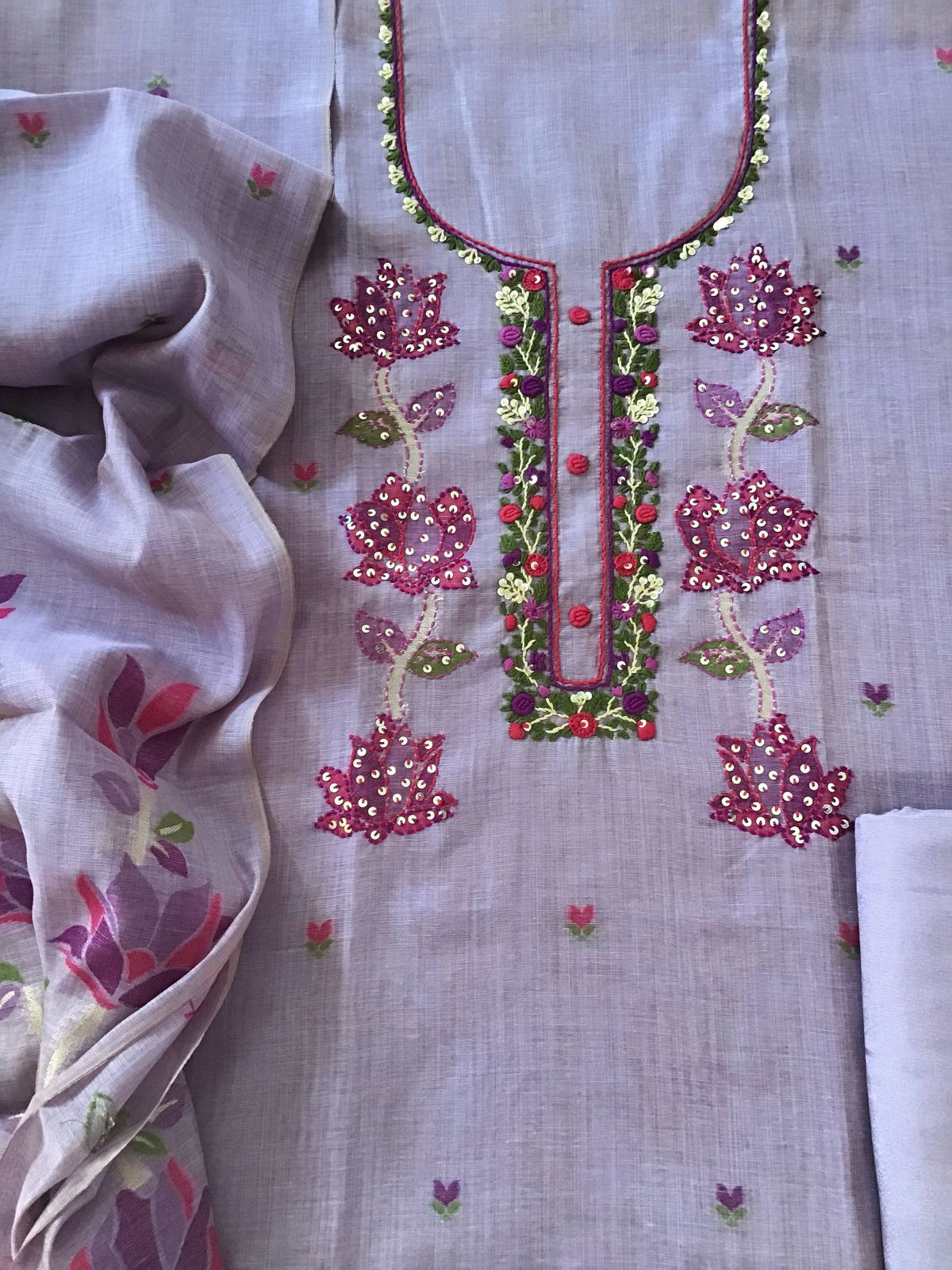 Soft Fine Slub Chanderi Jamdani Weaved Embroidered Suit - Lavender