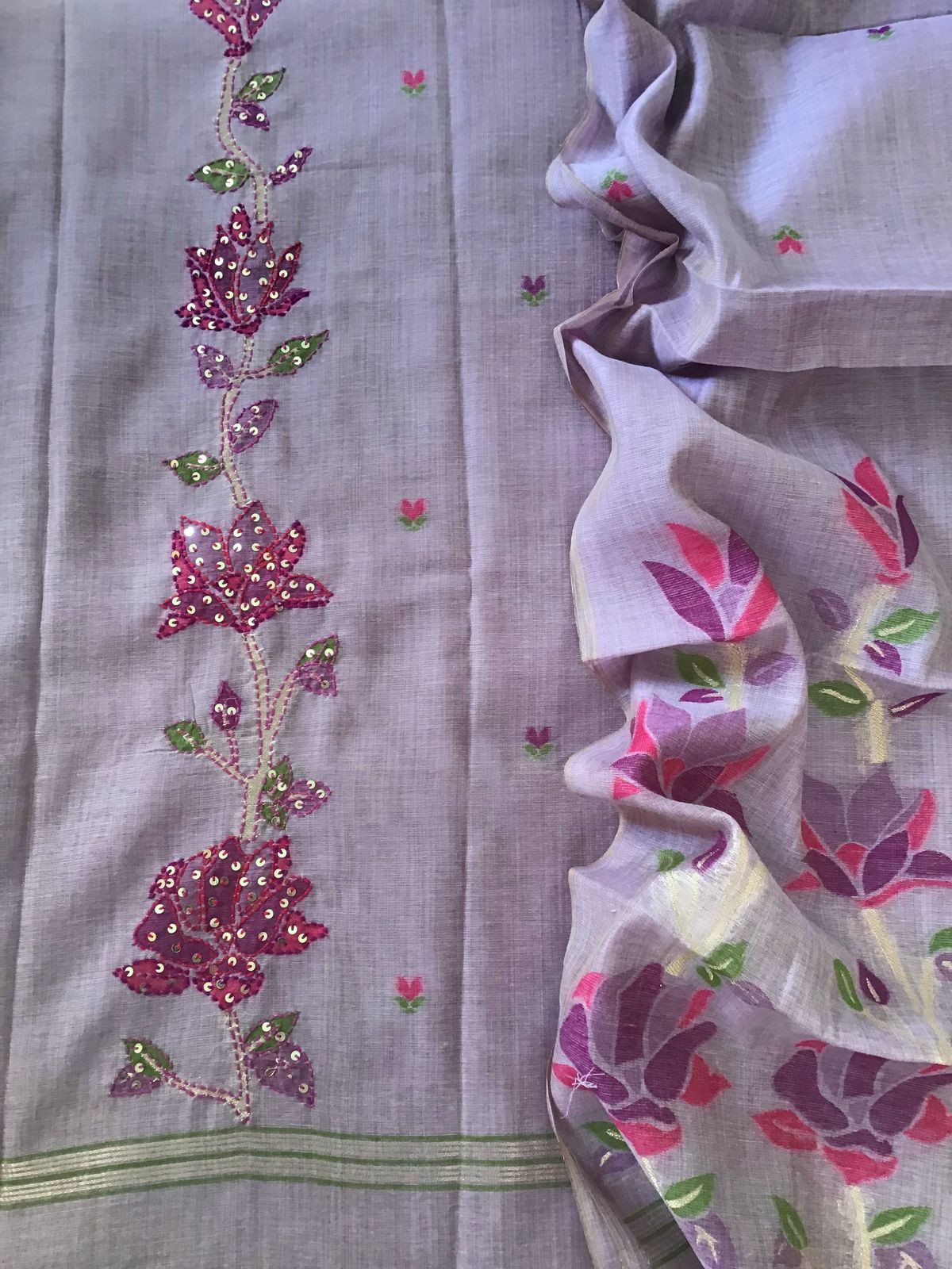 Soft Fine Slub Chanderi Jamdani Weaved Embroidered Suit - Lavender