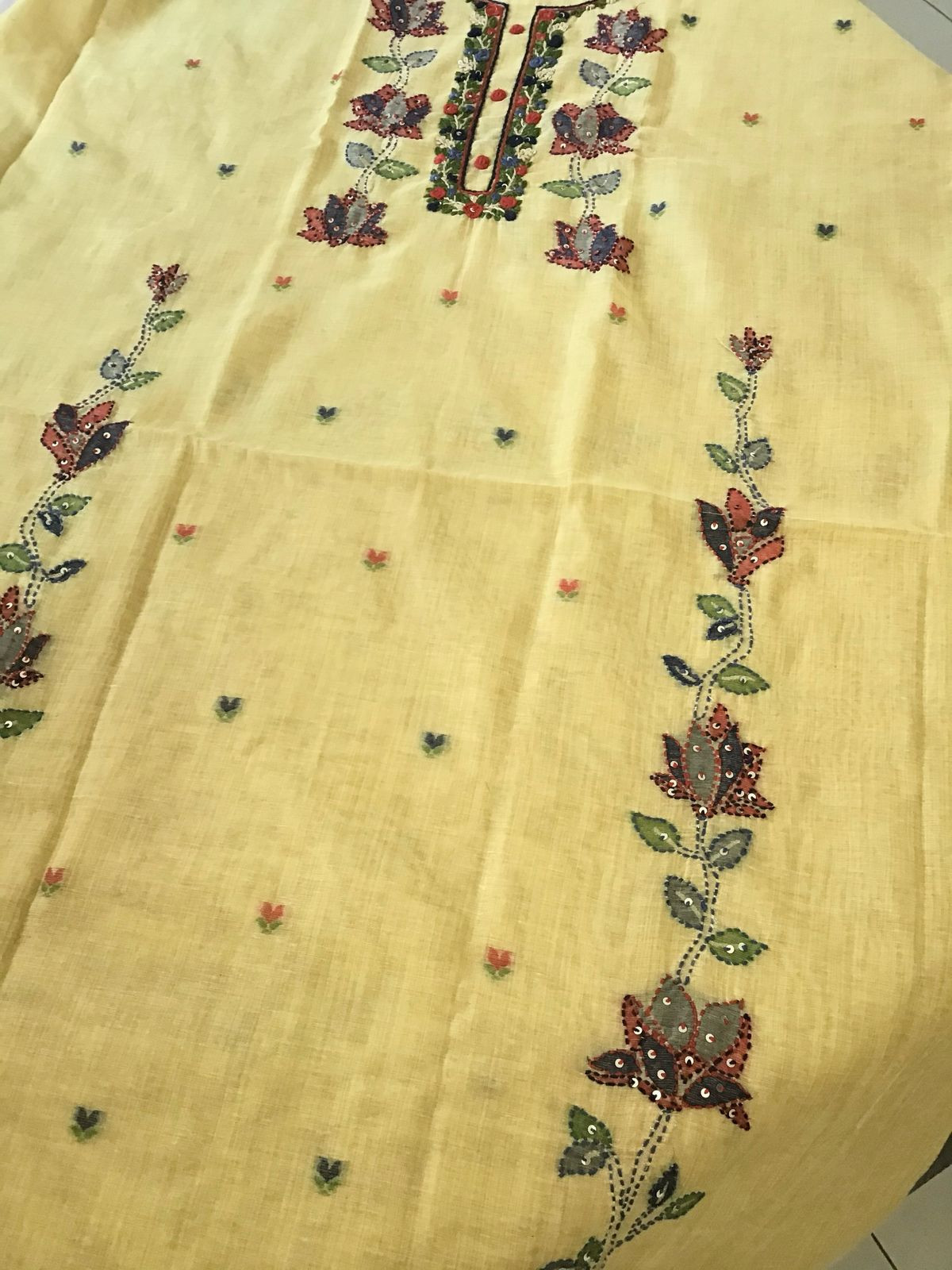 Soft Fine Slub Chanderi Jamdani Weaved Embroidered Suit - Yellow