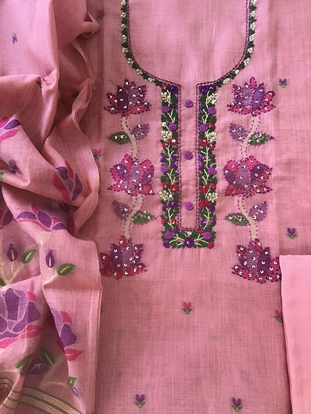 Soft Fine Slub Chanderi Jamdani Weaved Embroidered Suit - Pink