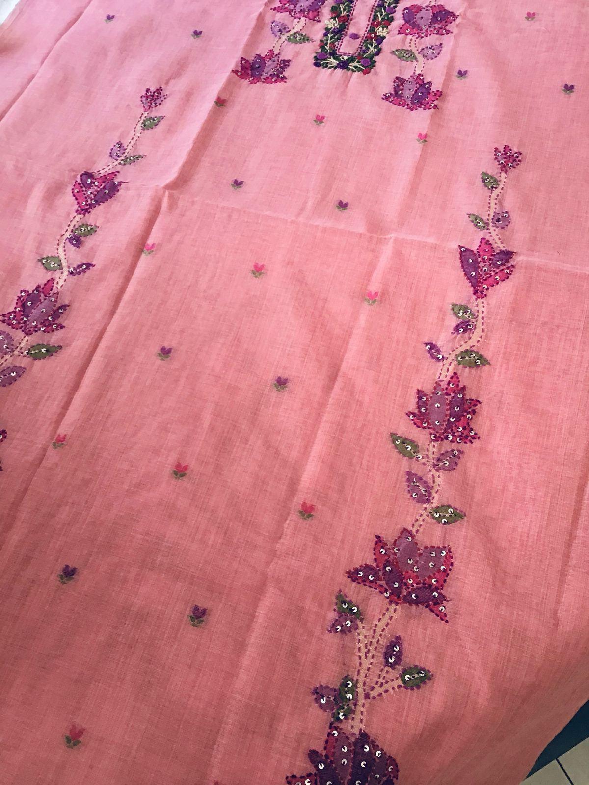 Soft Fine Slub Chanderi Jamdani Weaved Embroidered Suit - Pink