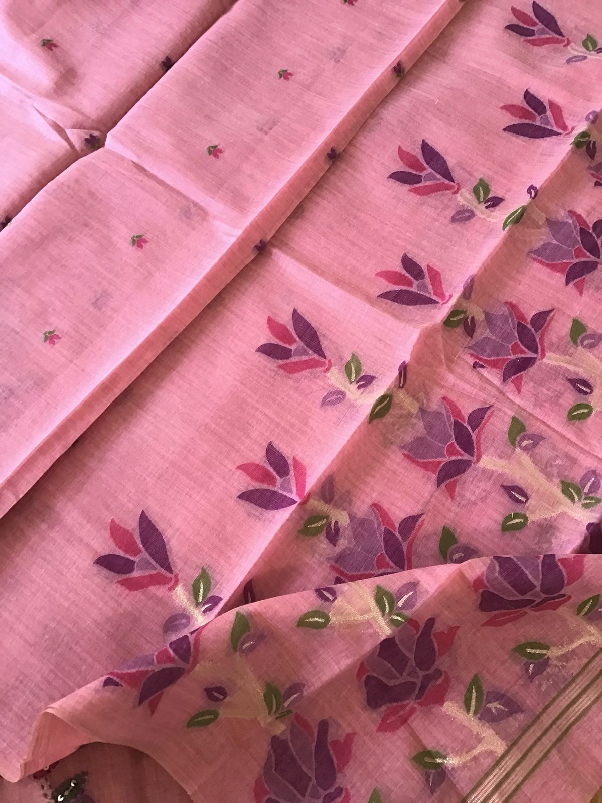 Soft Fine Slub Chanderi Jamdani Weaved Embroidered Suit - Pink