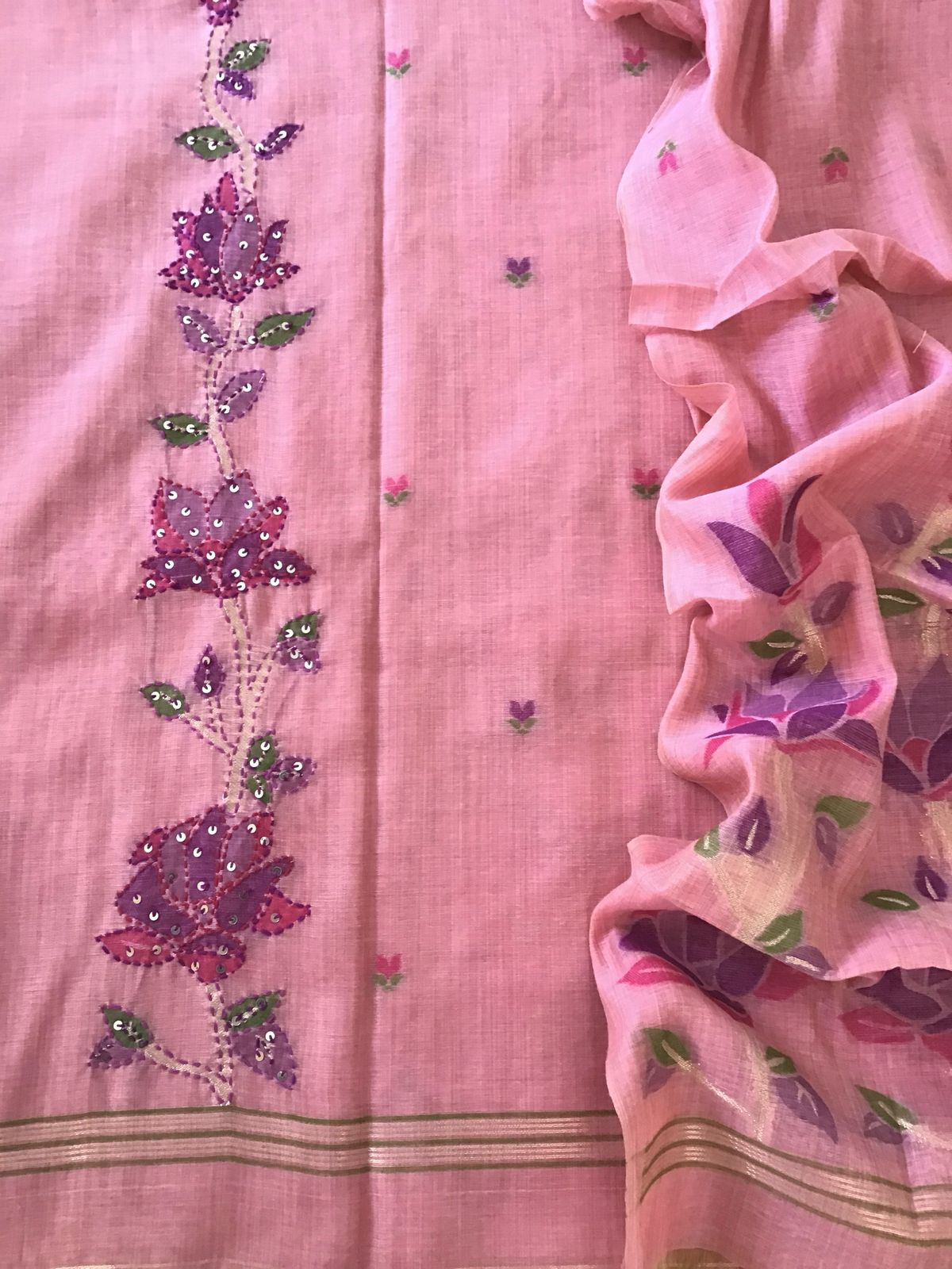 Soft Fine Slub Chanderi Jamdani Weaved Embroidered Suit - Pink