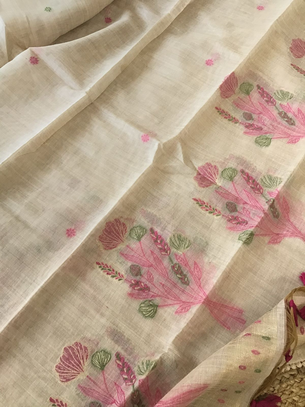 Soft Fine Slub Chanderi Jamdani Weaved Embroidered Suit - Beige