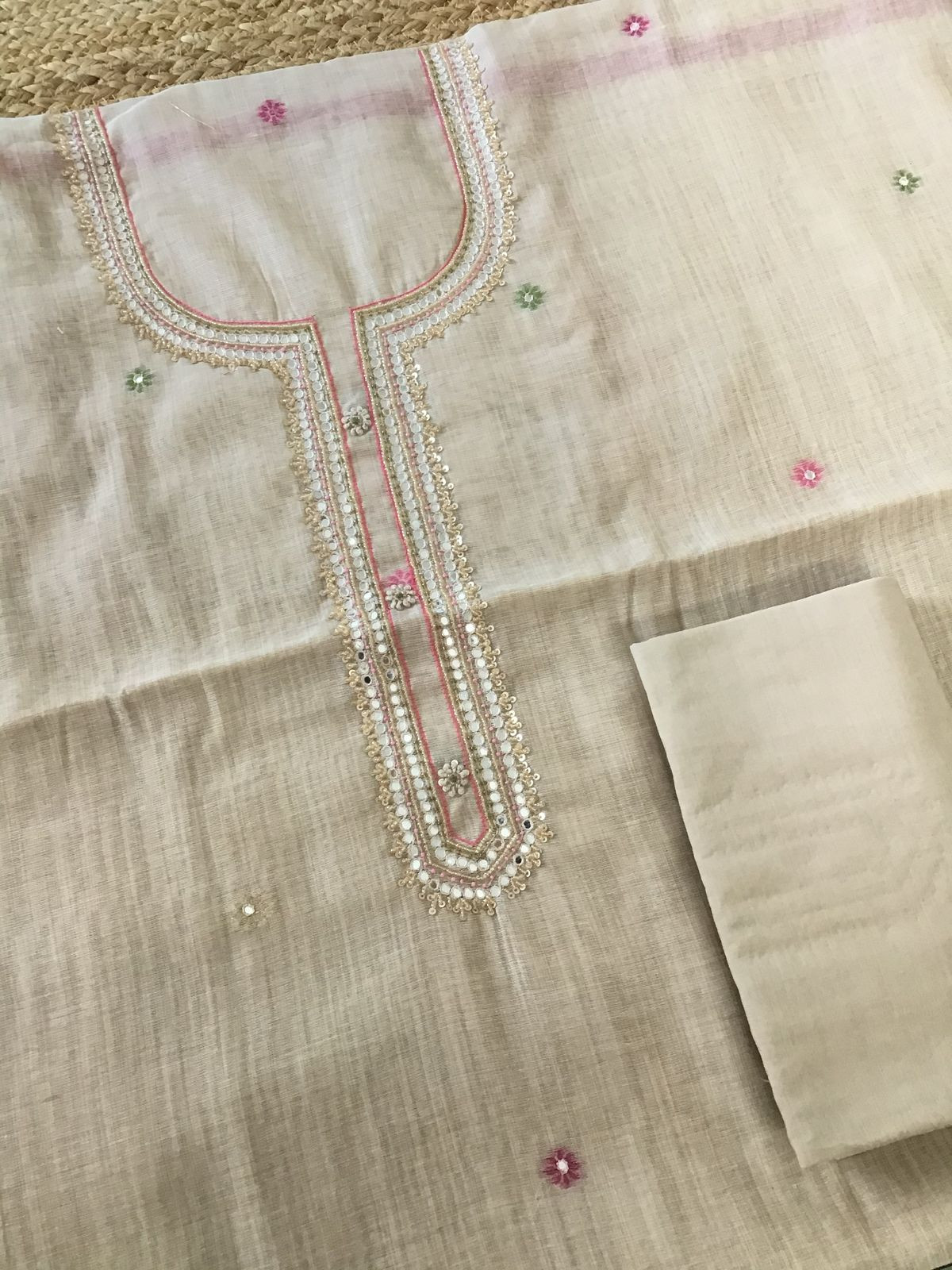 Soft Fine Slub Chanderi Jamdani Weaved Embroidered Suit - Beige
