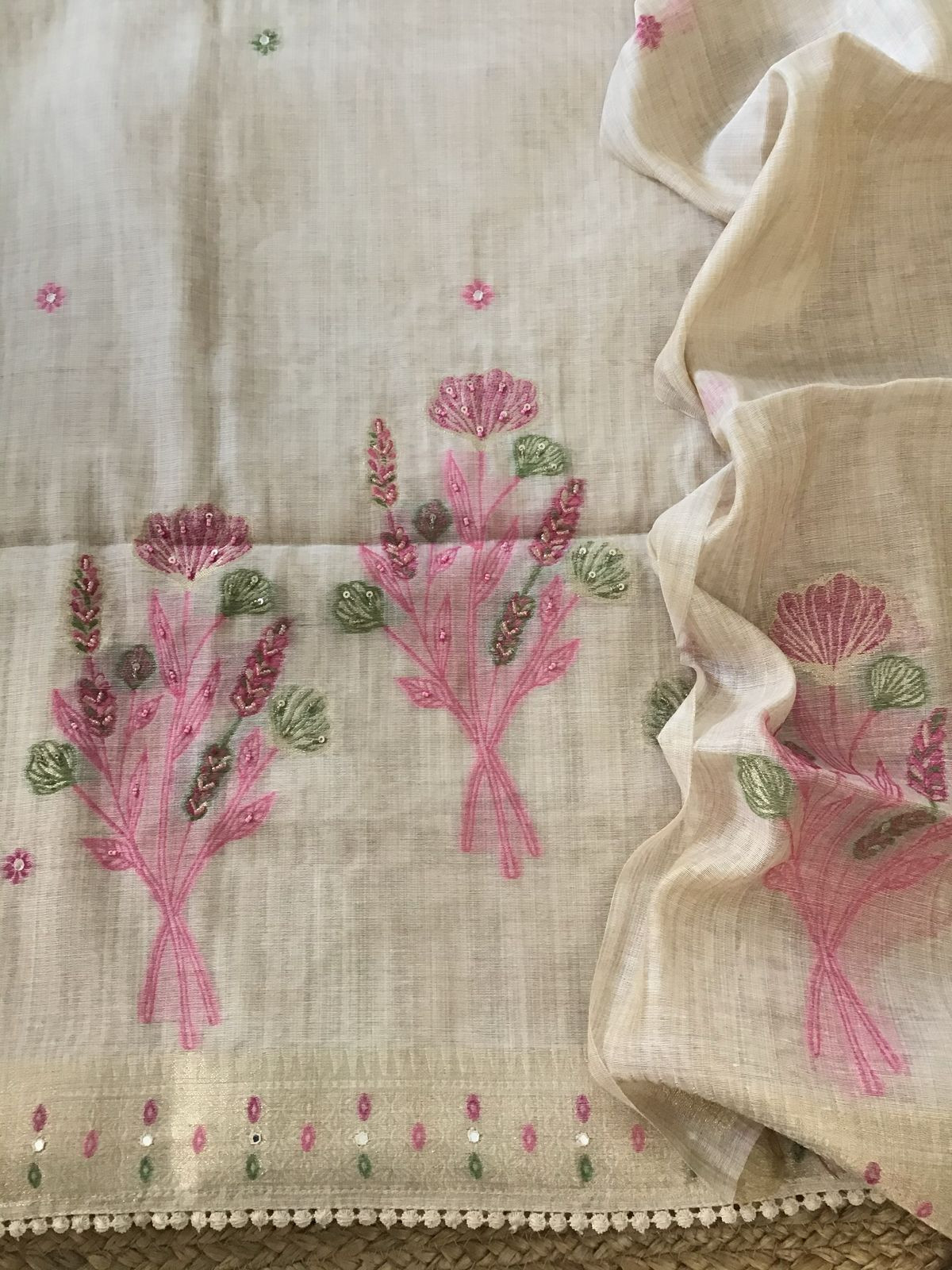 Soft Fine Slub Chanderi Jamdani Weaved Embroidered Suit - Beige