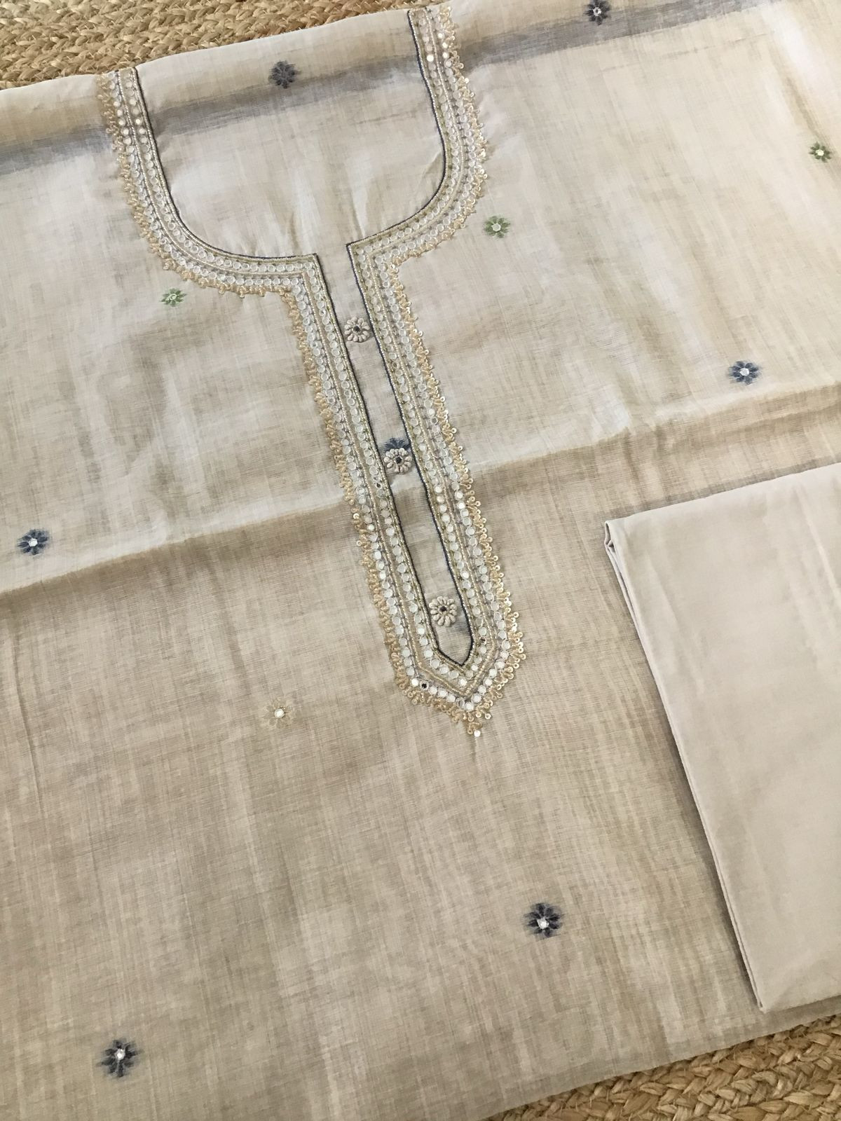 Soft Fine Slub Chanderi Jamdani Weaved Embroidered Suit - Beige