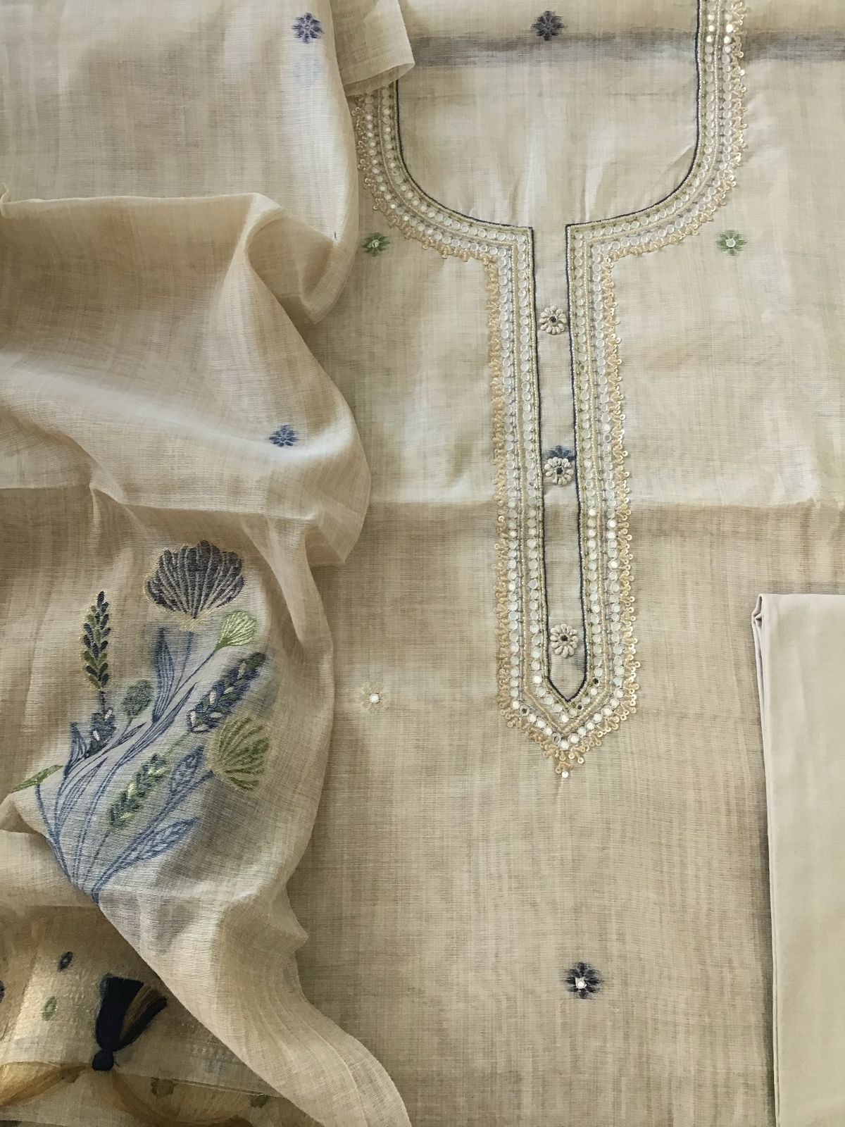 Soft Fine Slub Chanderi Jamdani Weaved Embroidered Suit - Beige