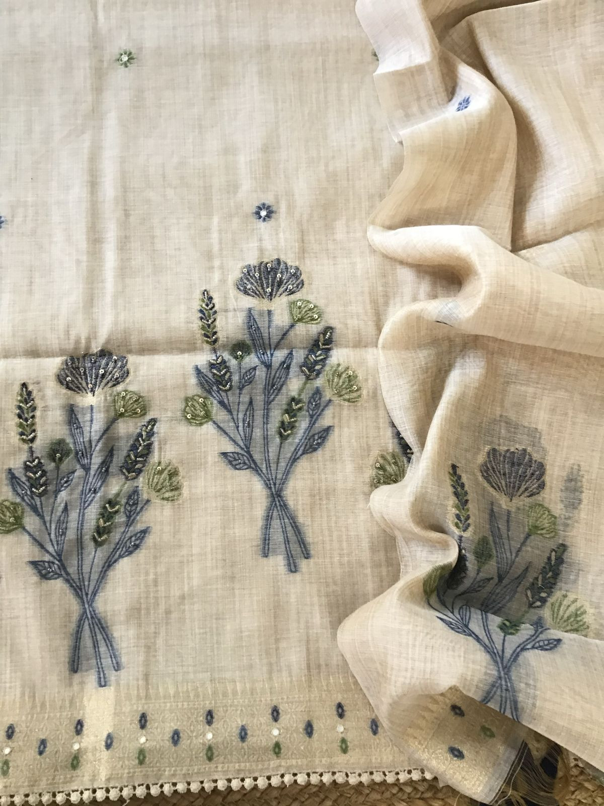 Soft Fine Slub Chanderi Jamdani Weaved Embroidered Suit - Beige