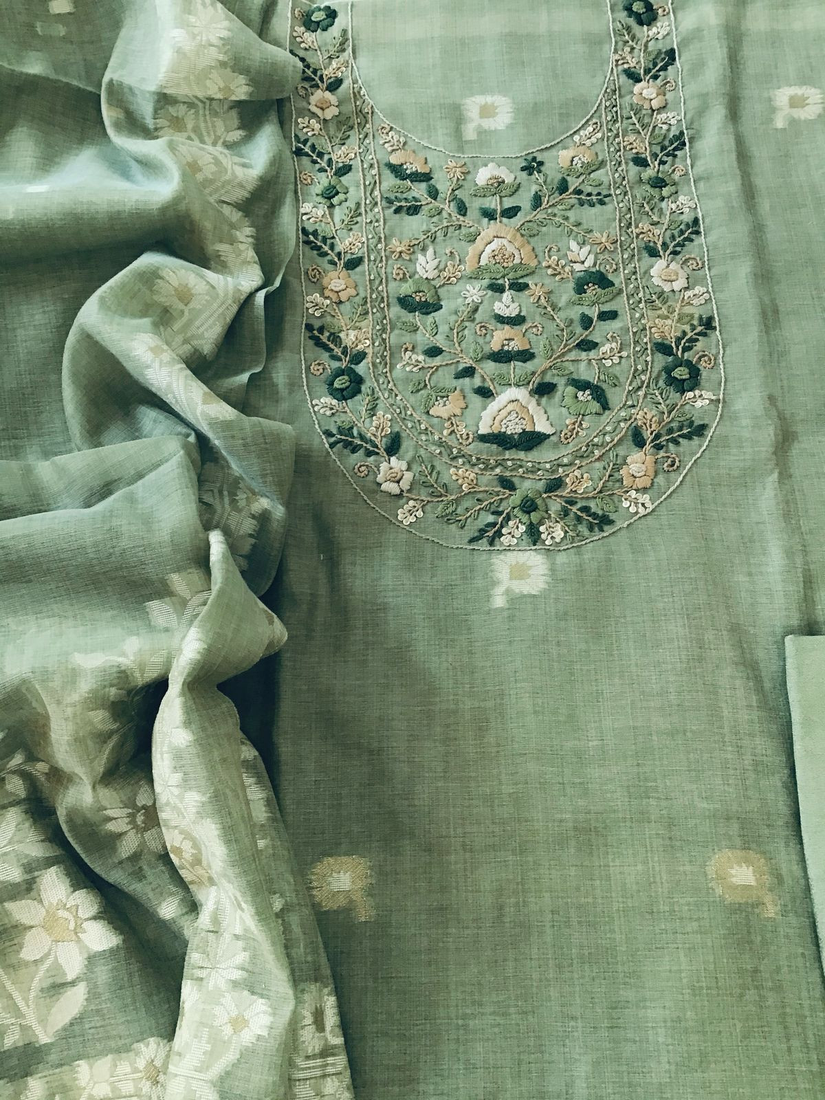 Soft Fine Slub Chanderi Jamdani Weaved Embroidered Suit - Green