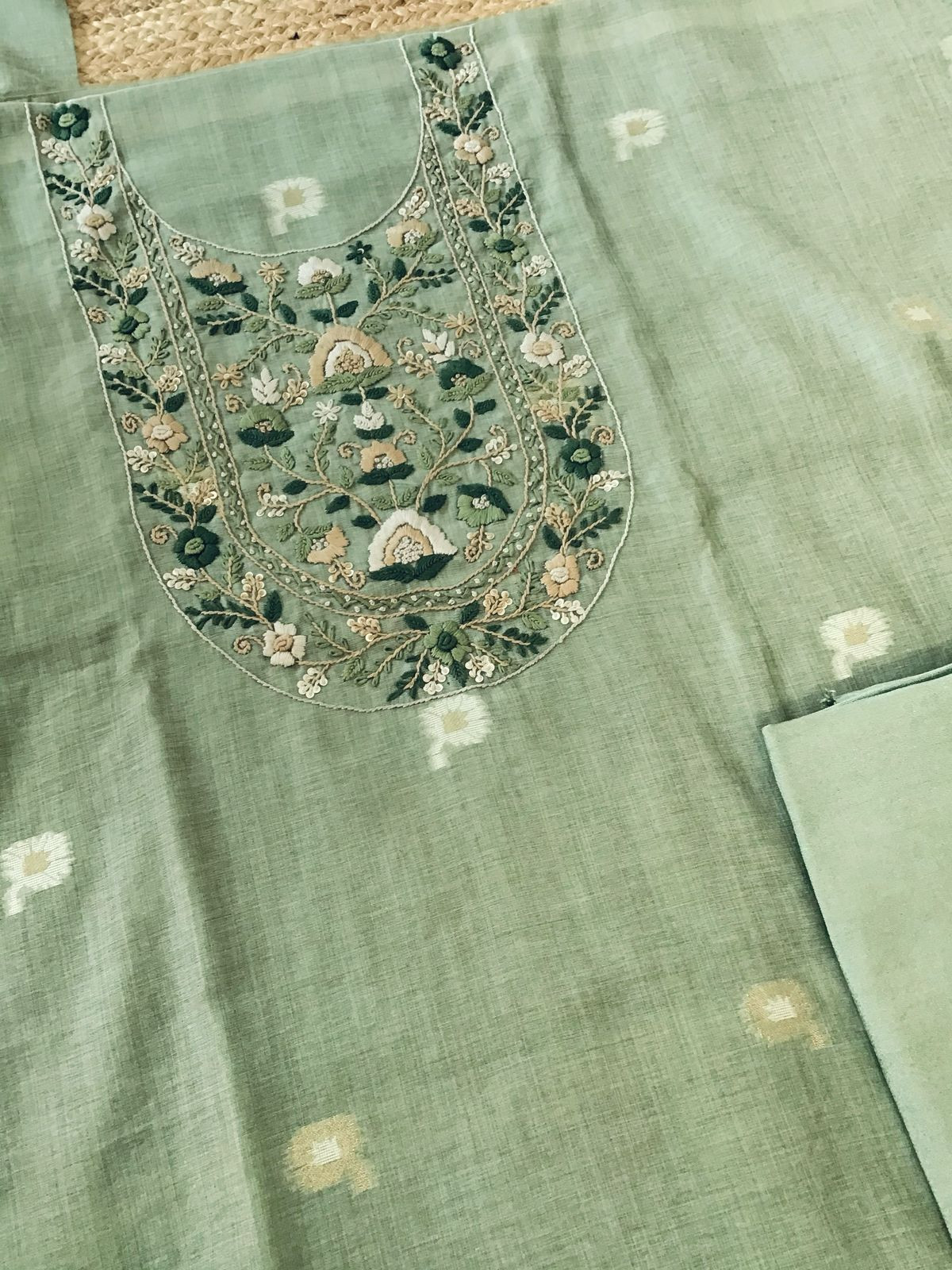 Soft Fine Slub Chanderi Jamdani Weaved Embroidered Suit - Green