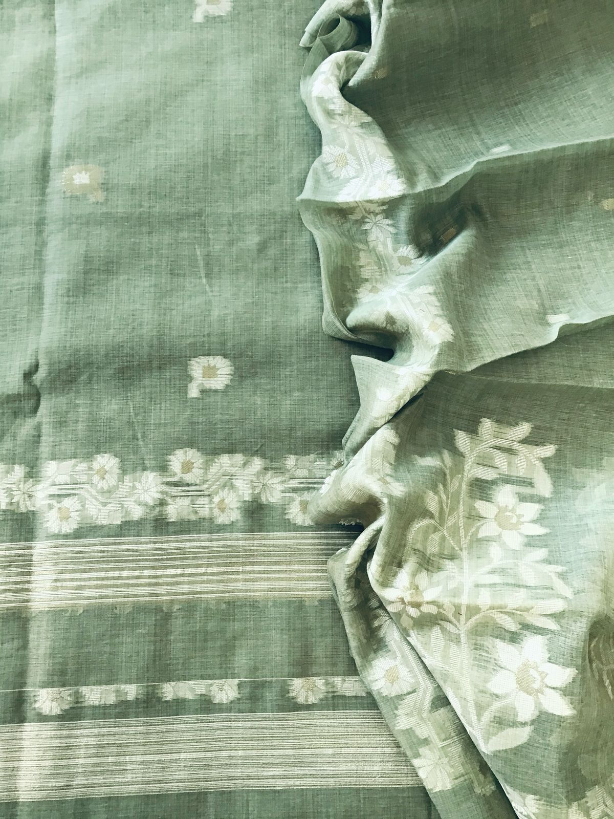 Soft Fine Slub Chanderi Jamdani Weaved Embroidered Suit - Green