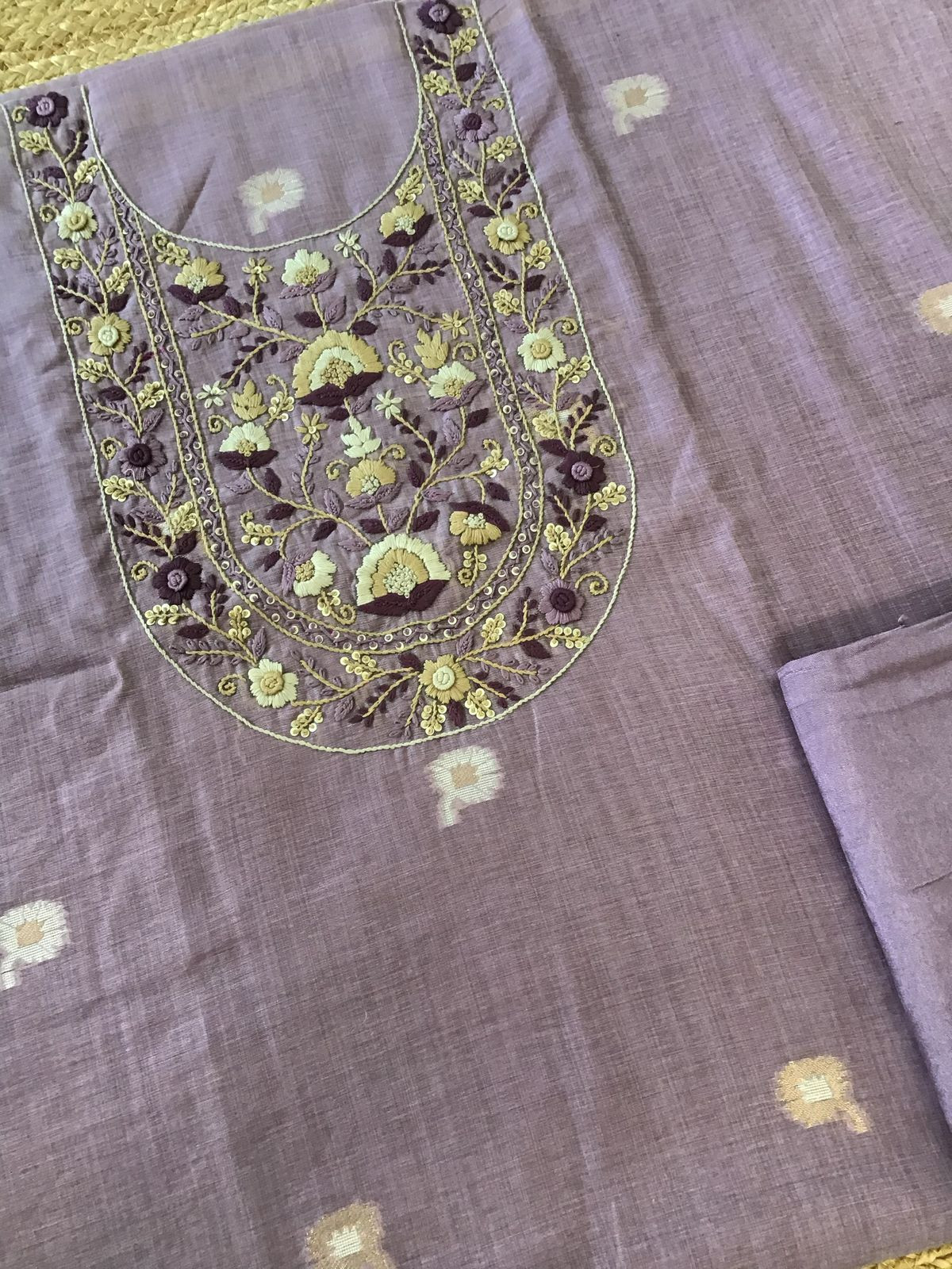 Soft Fine Slub Chanderi Jamdani Weaved Embroidered Suit - Lavender