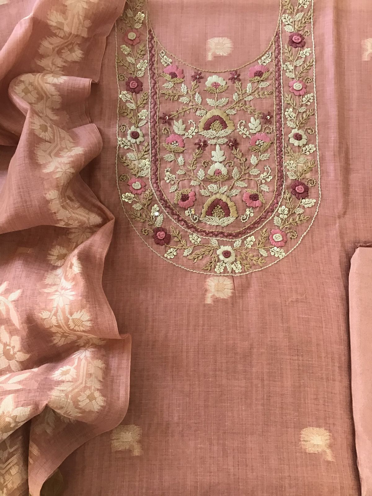 Soft Fine Slub Chanderi Jamdani Weaved Embroidered Suit - Onion Pink