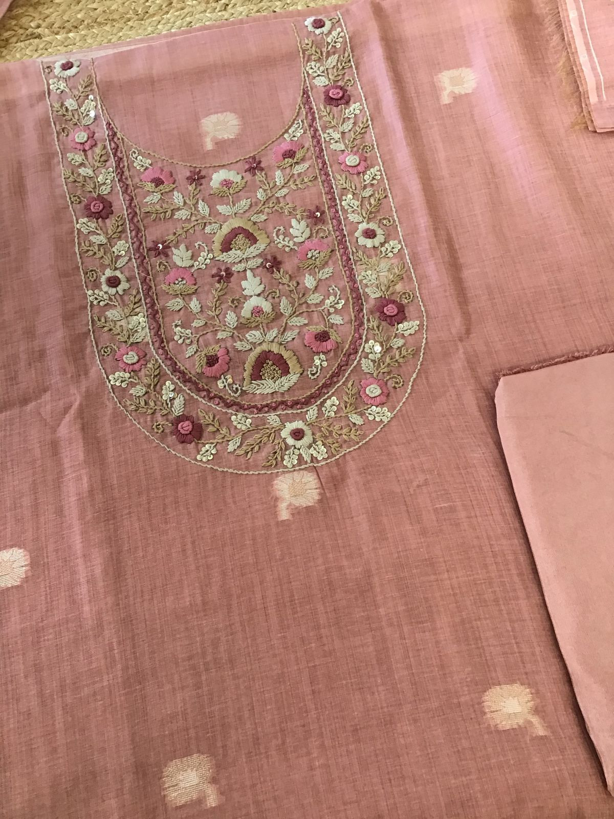 Soft Fine Slub Chanderi Jamdani Weaved Embroidered Suit - Onion Pink