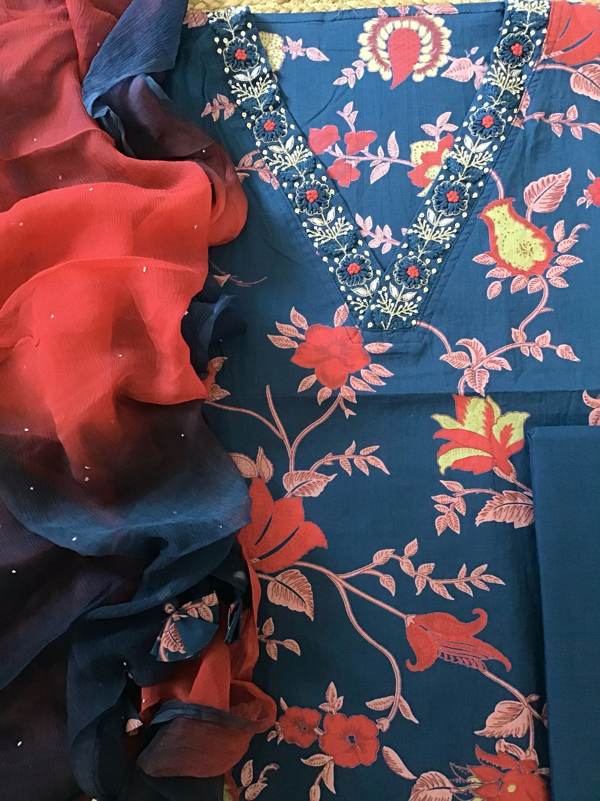 Pure Cotton Printed Embroidered Suit - Blue