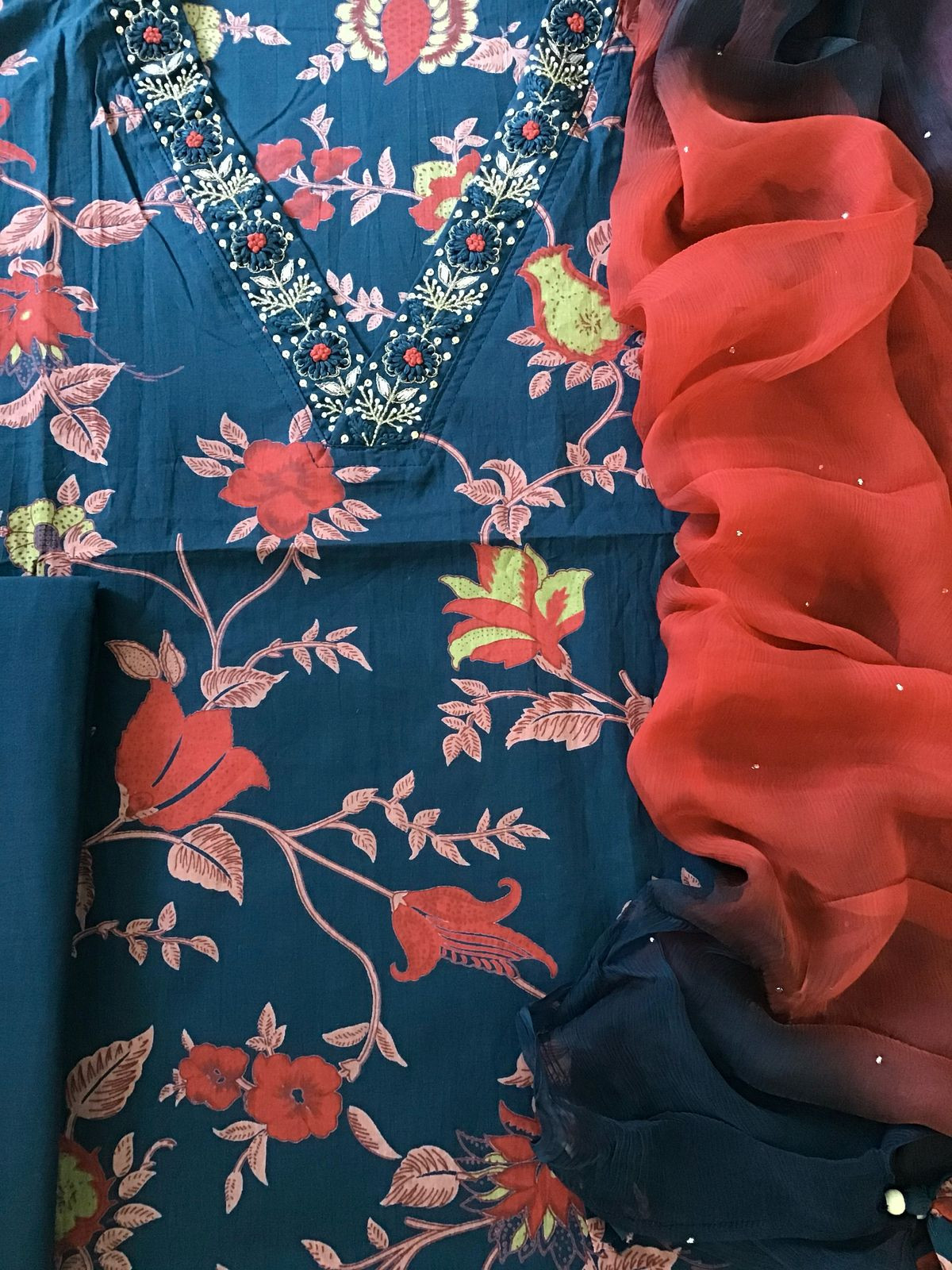 Pure Cotton Printed Embroidered Suit - Blue