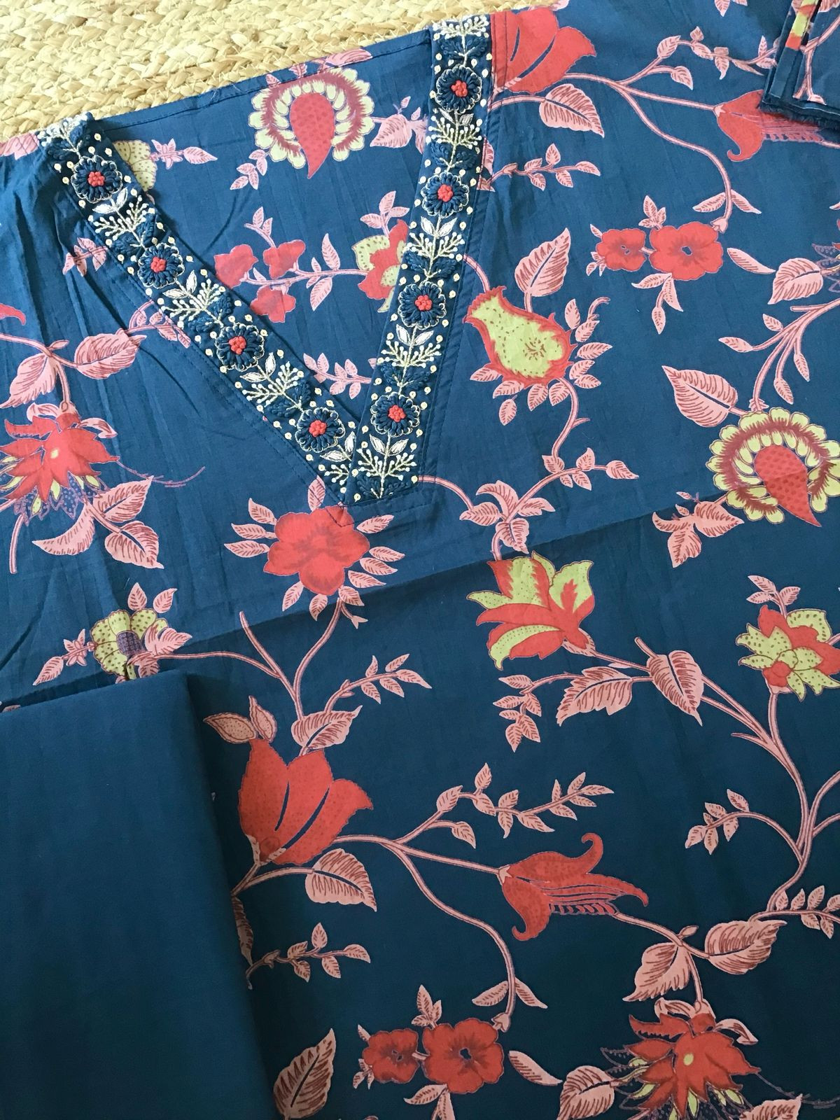 Pure Cotton Printed Embroidered Suit - Blue