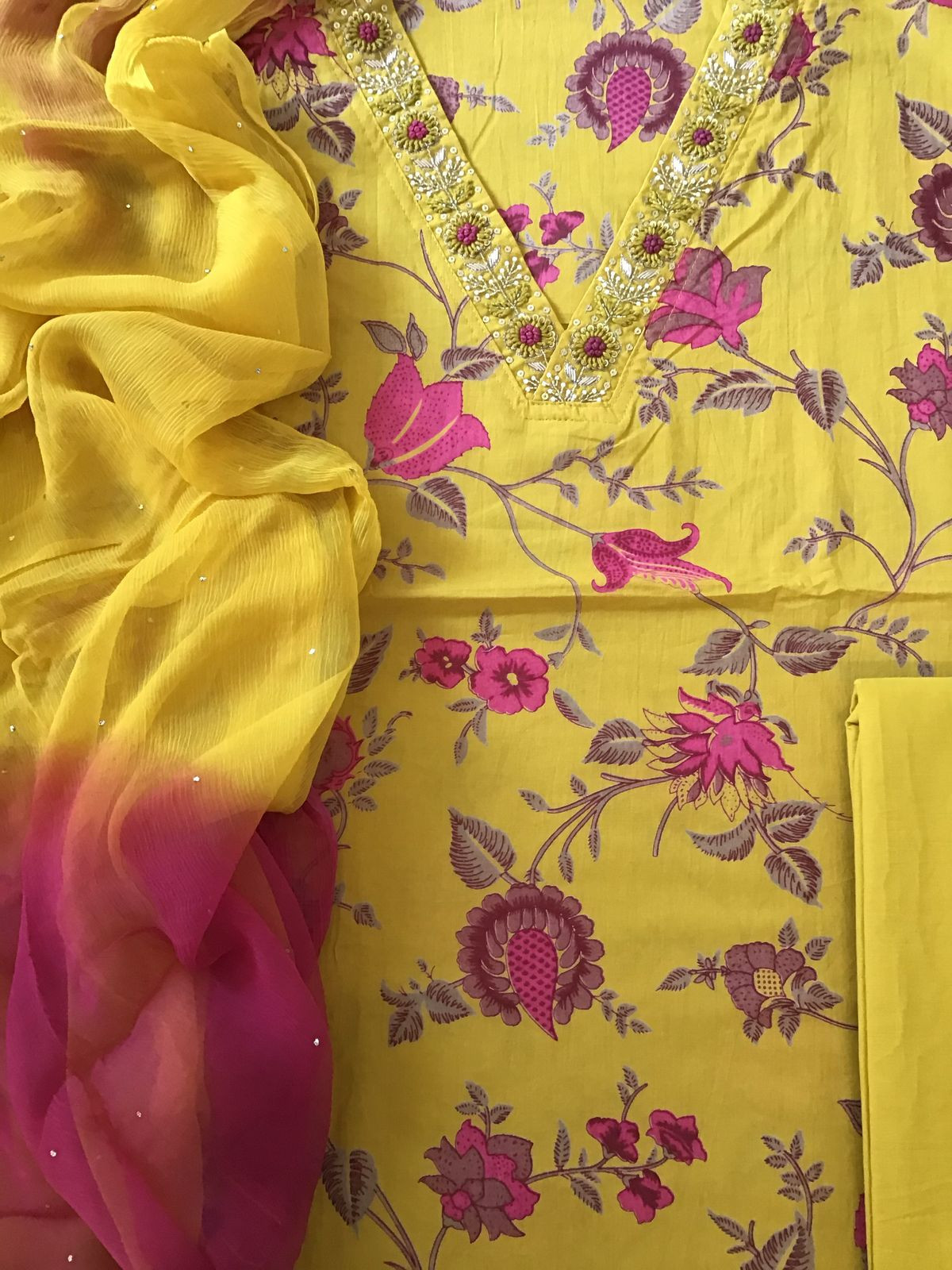 Pure Cotton Printed Embroidered Suit - Yellow