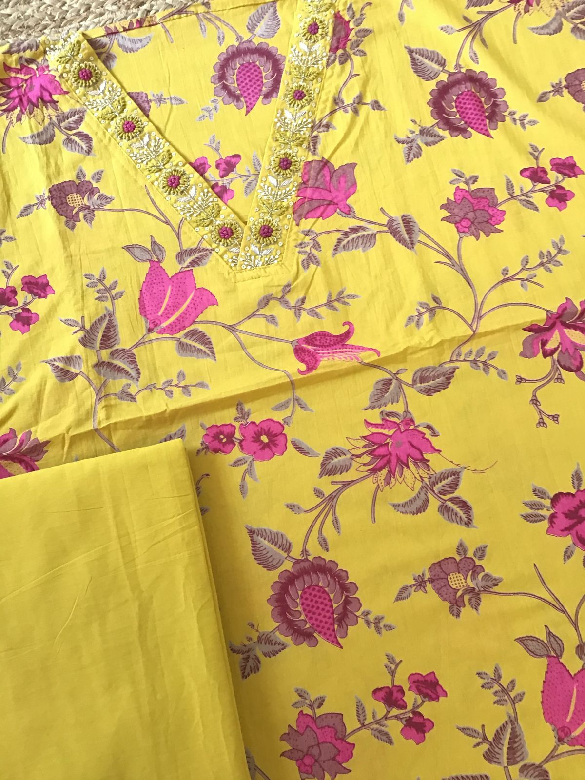 Pure Cotton Printed Embroidered Suit - Yellow