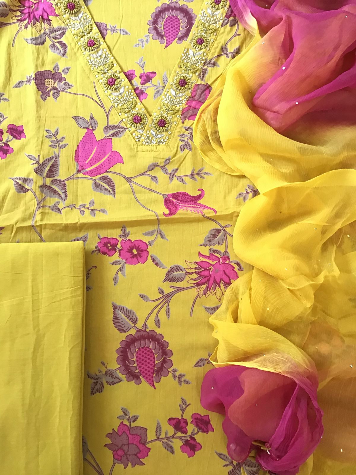 Pure Cotton Printed Embroidered Suit - Yellow