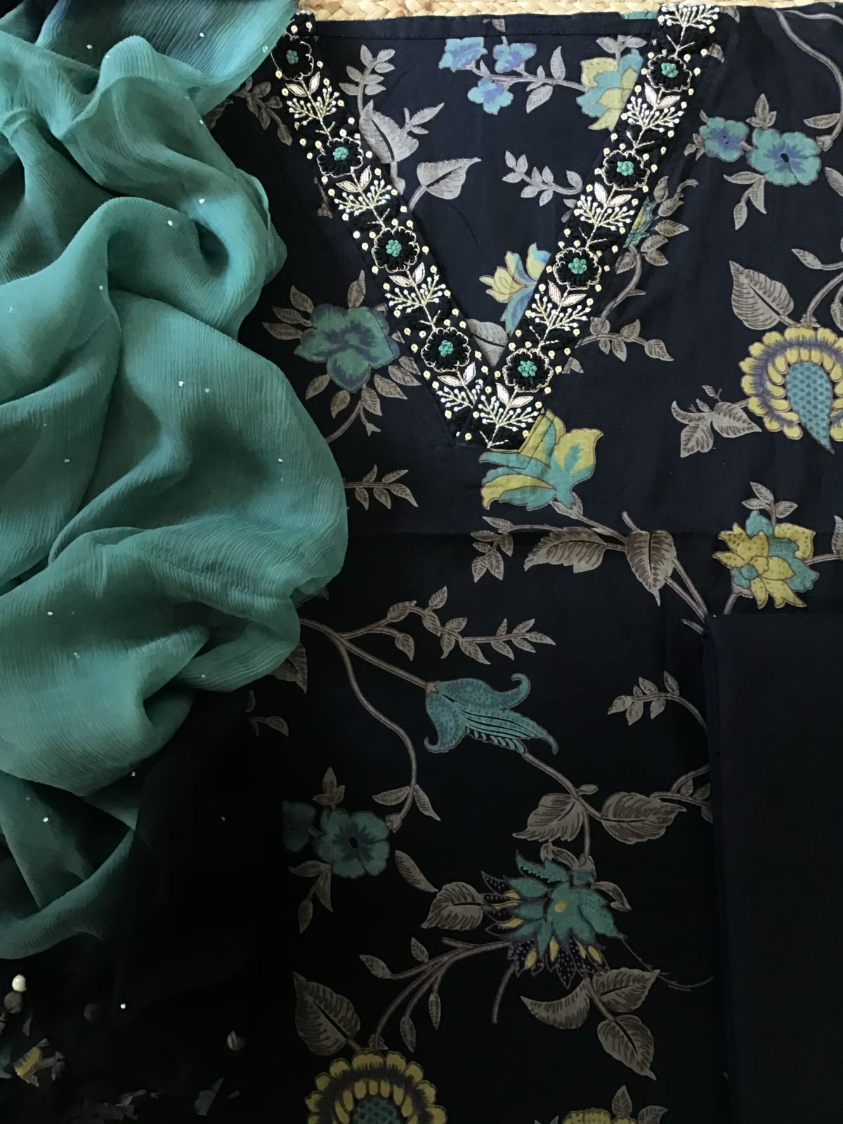 Pure Cotton Printed Embroidered Suit - Black