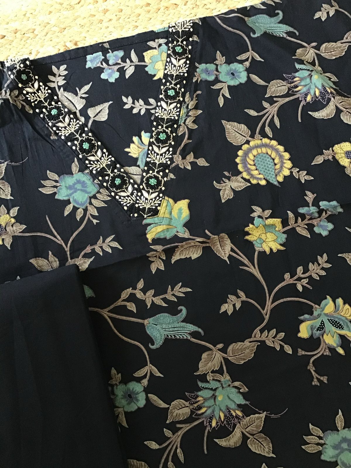 Pure Cotton Printed Embroidered Suit - Black