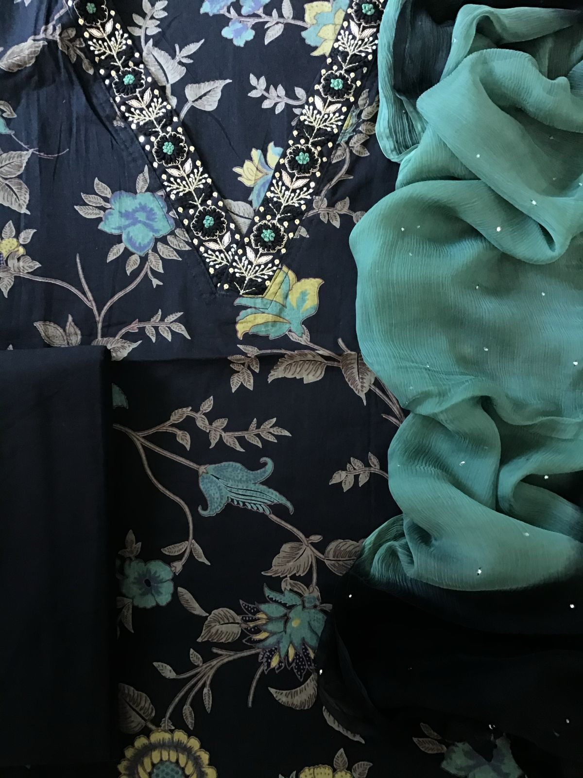 Pure Cotton Printed Embroidered Suit - Black