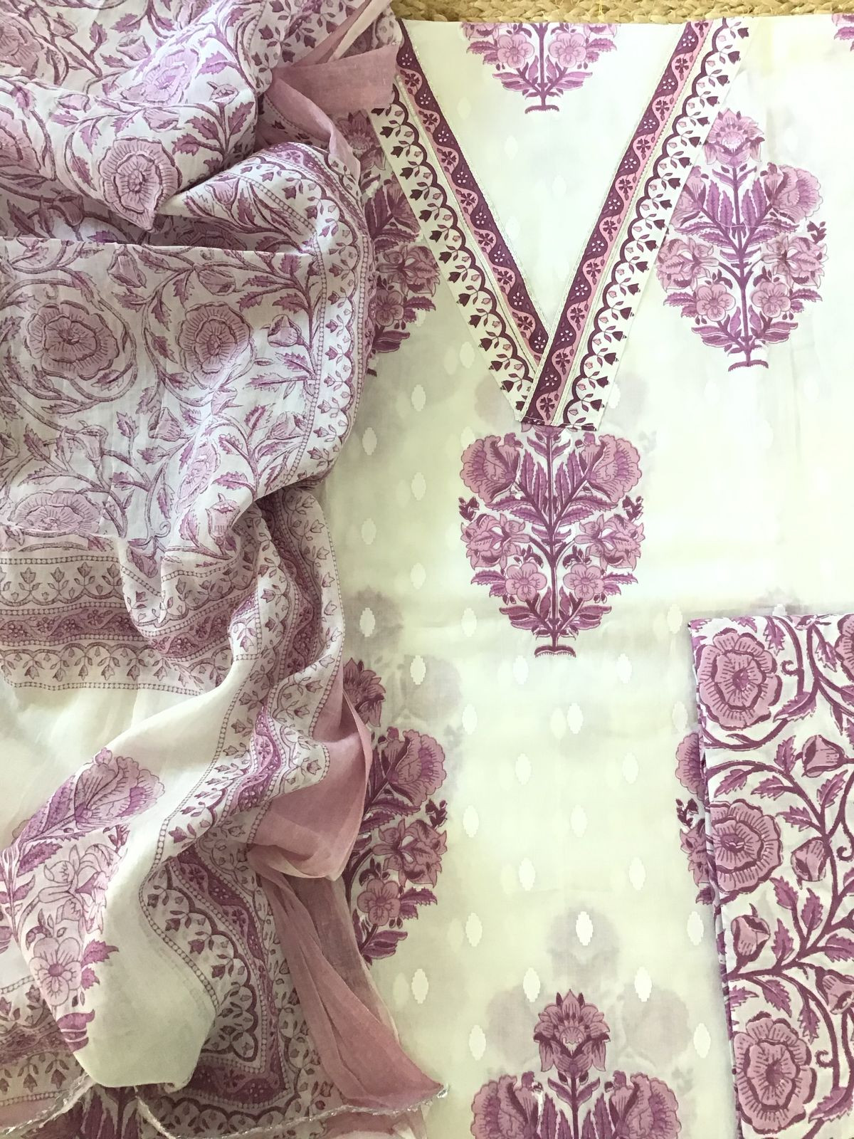 Pure Cotton Printed Suit - Offwhite