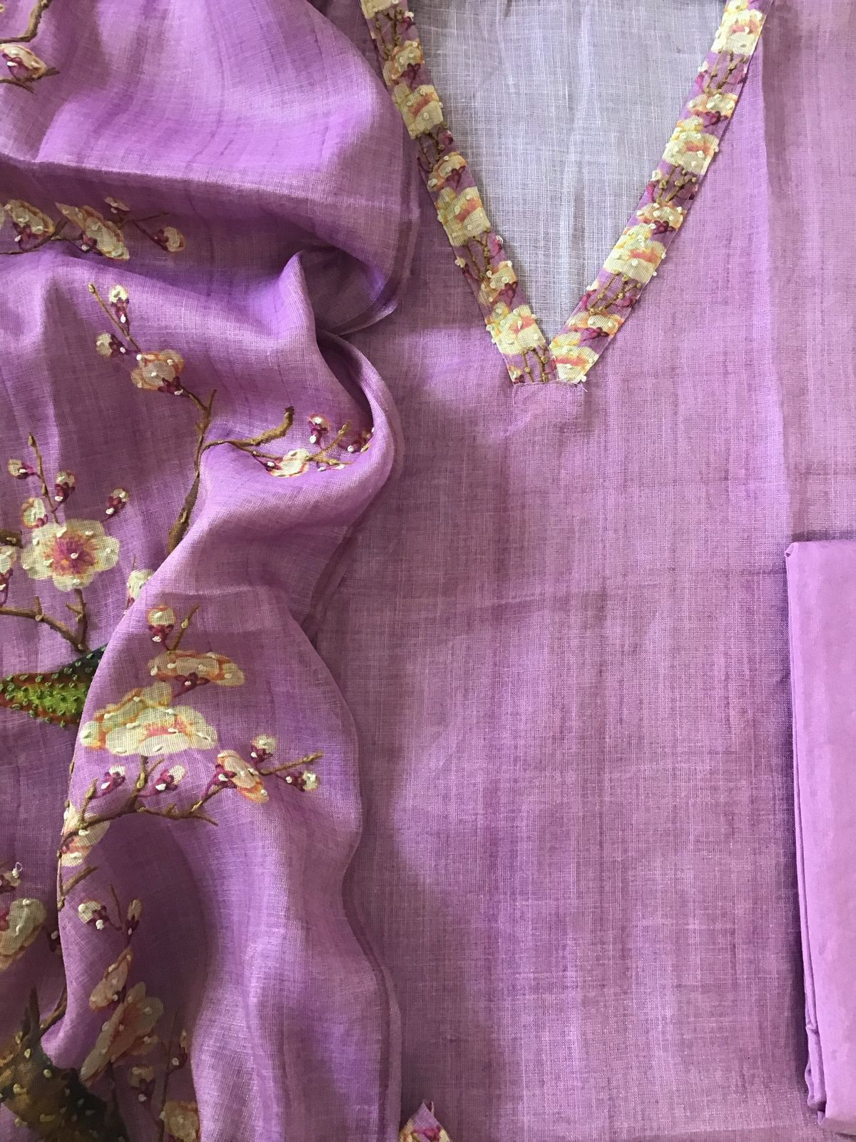 Soft Tissue Slub Cotton Printed Embroidered Suit - Purple