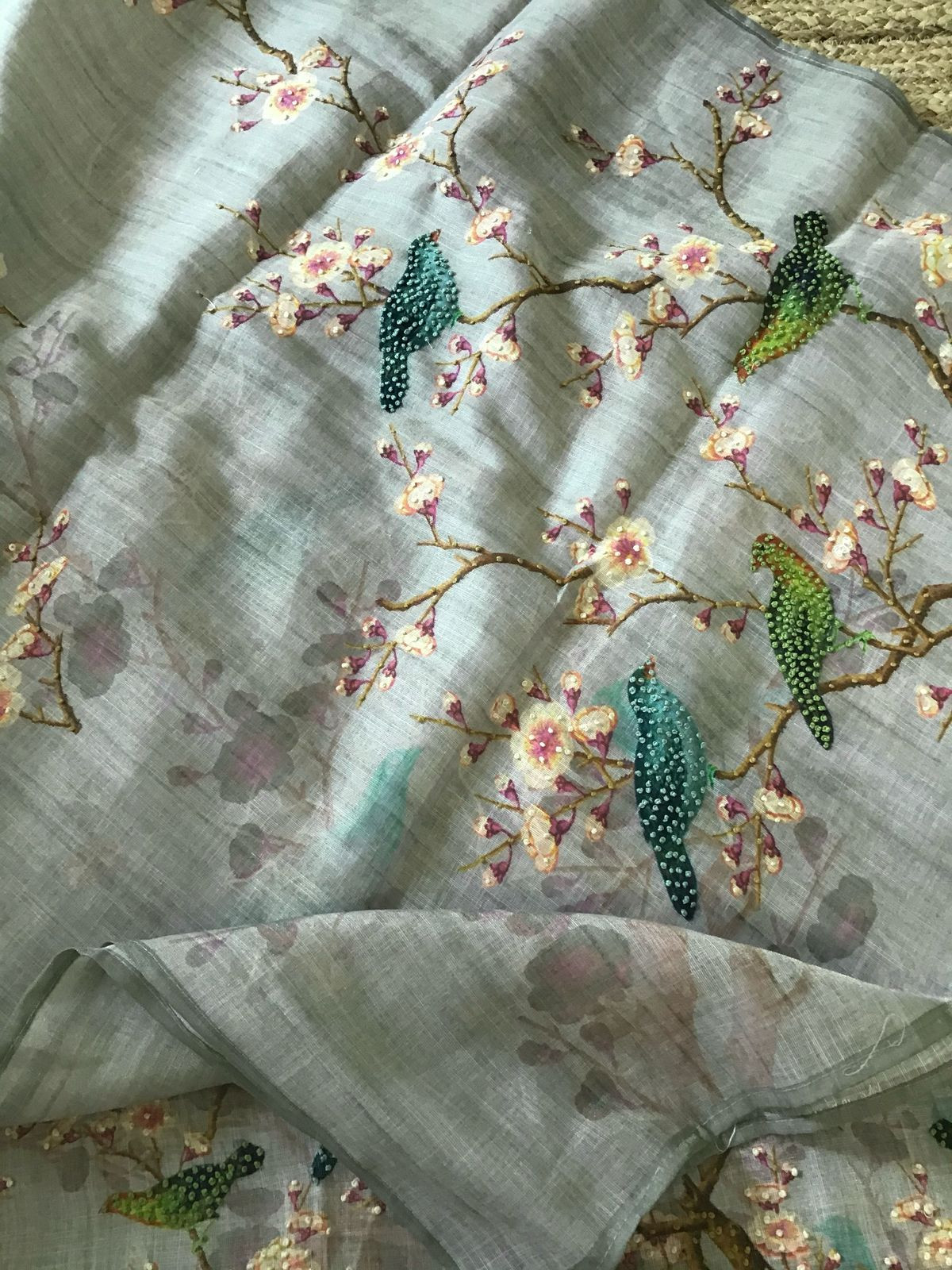 Soft Tissue Slub Cotton Printed Embroidered Suit - Grey