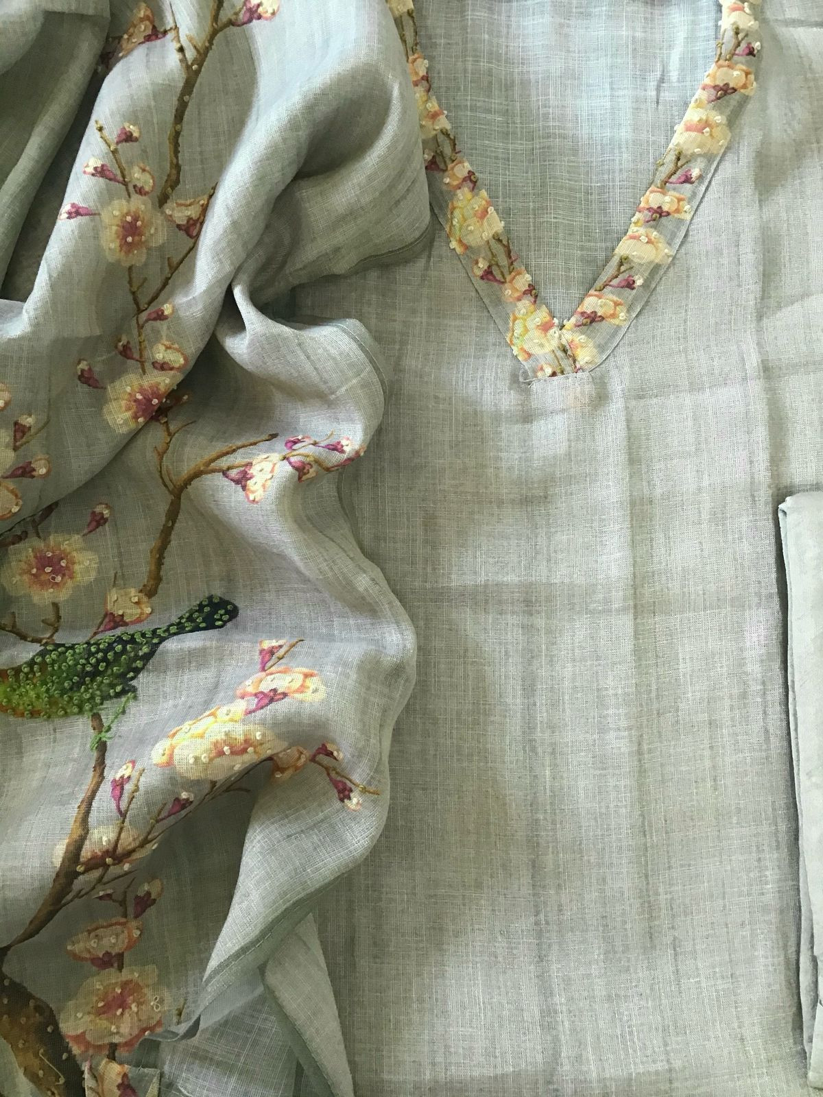 Soft Tissue Slub Cotton Printed Embroidered Suit - Grey