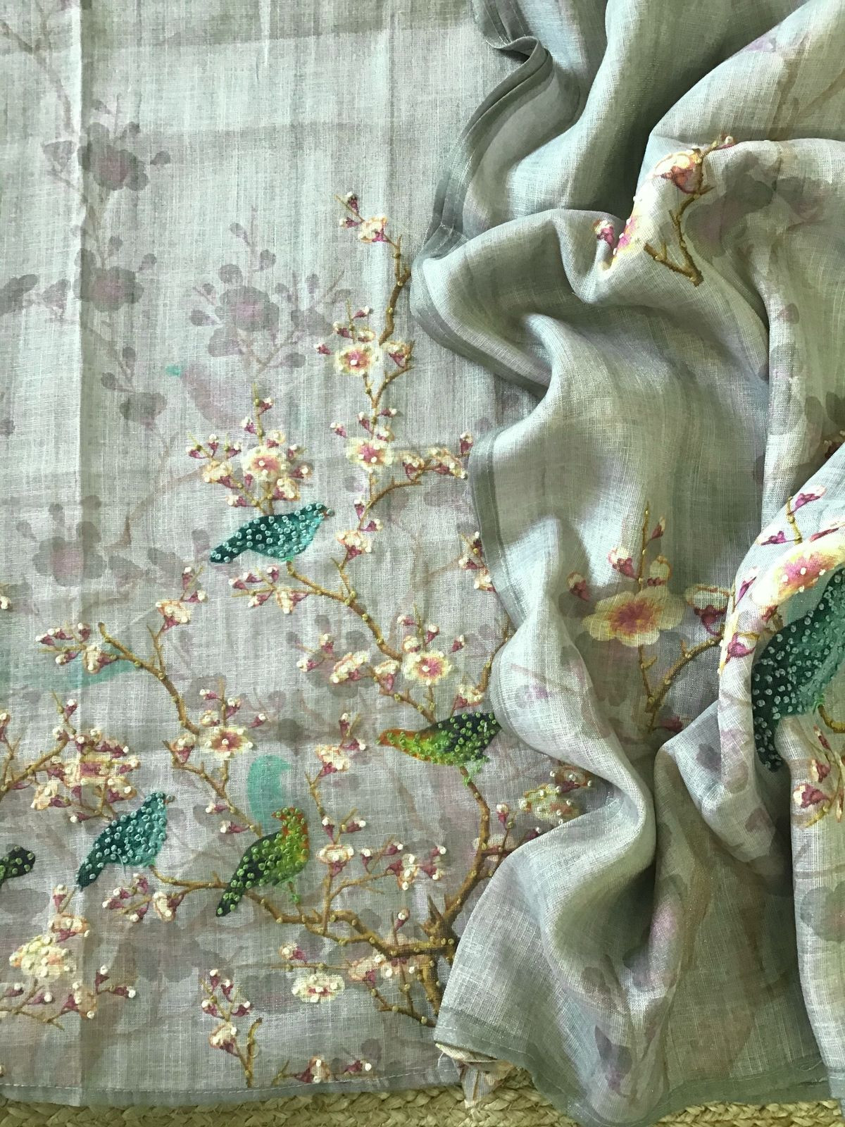 Soft Tissue Slub Cotton Printed Embroidered Suit - Grey