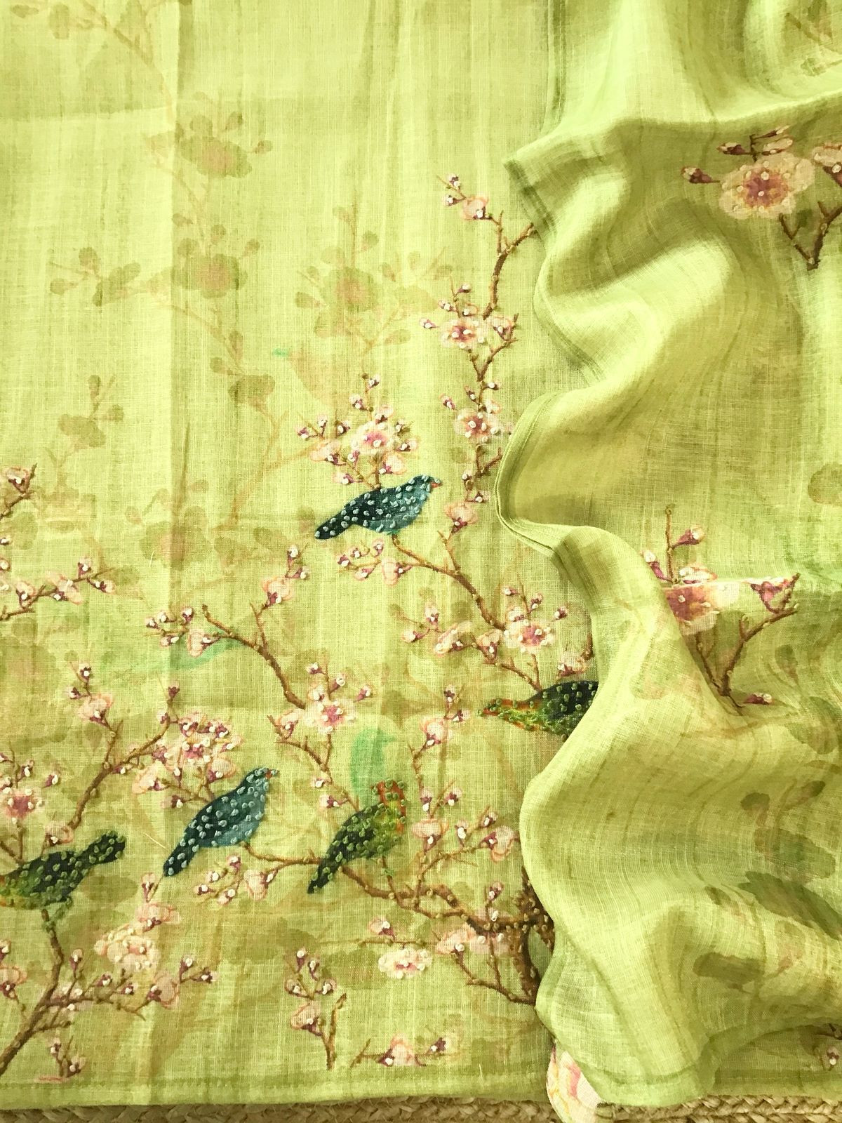 Soft Tissue Slub Cotton Printed Embroidered Suit - Lime Green