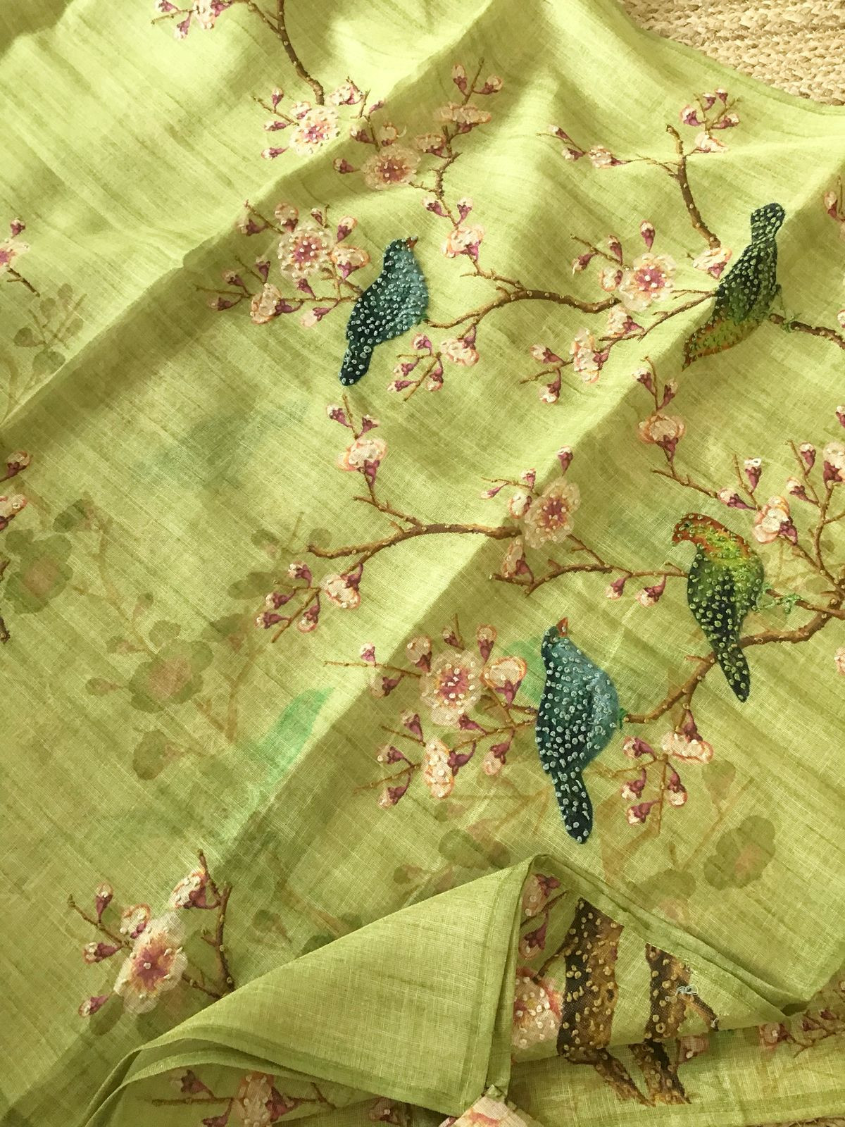 Soft Tissue Slub Cotton Printed Embroidered Suit - Lime Green