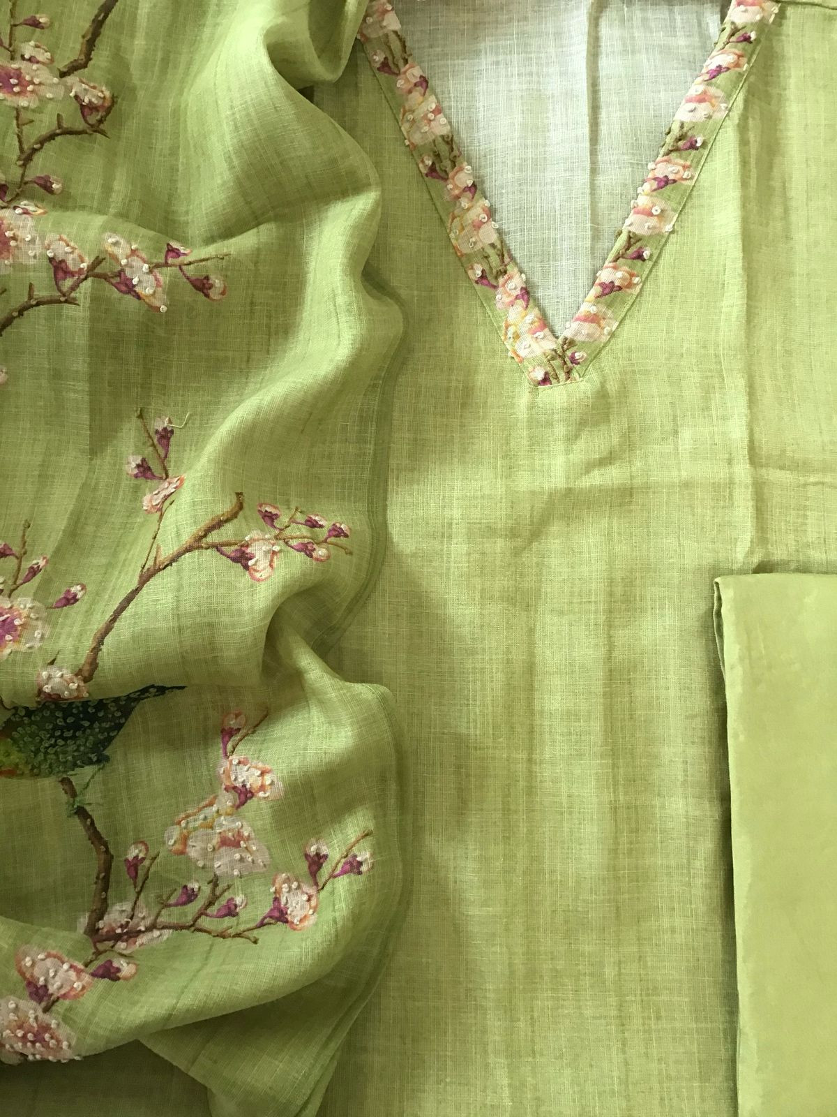 Soft Tissue Slub Cotton Printed Embroidered Suit - Lime Green