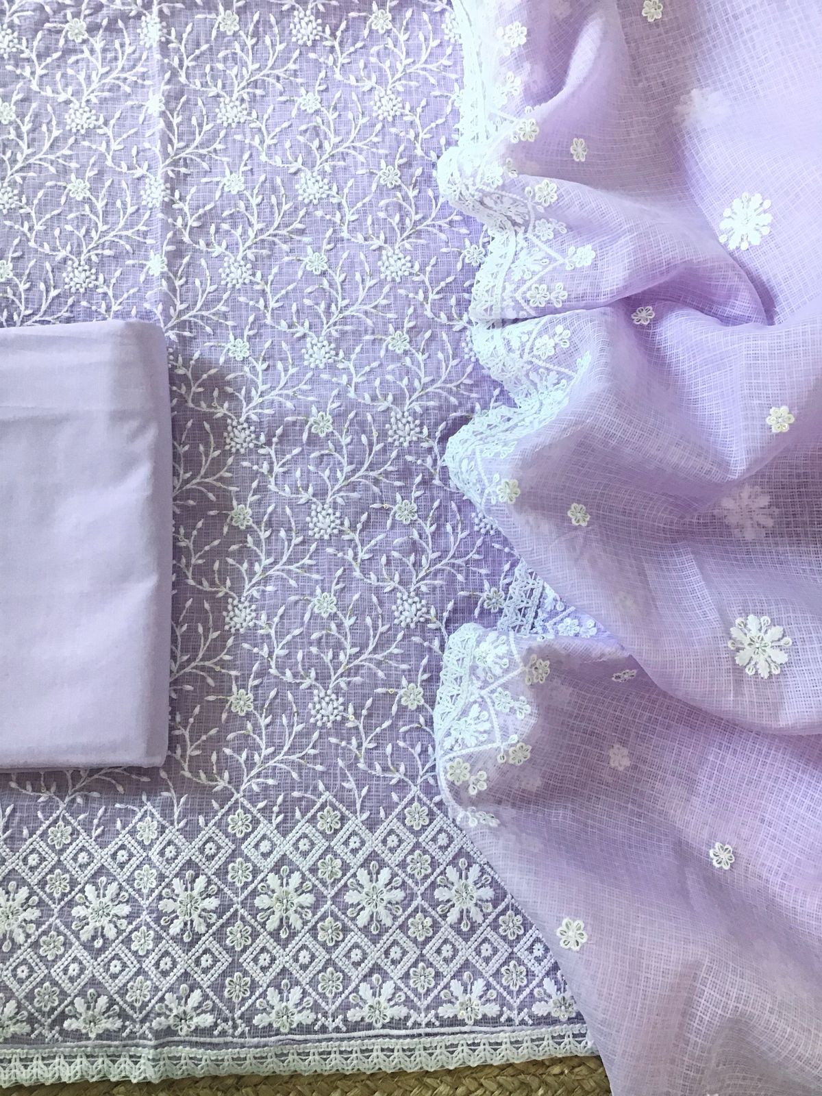 Soft Kota Silk Embroidered Suit - Lavender