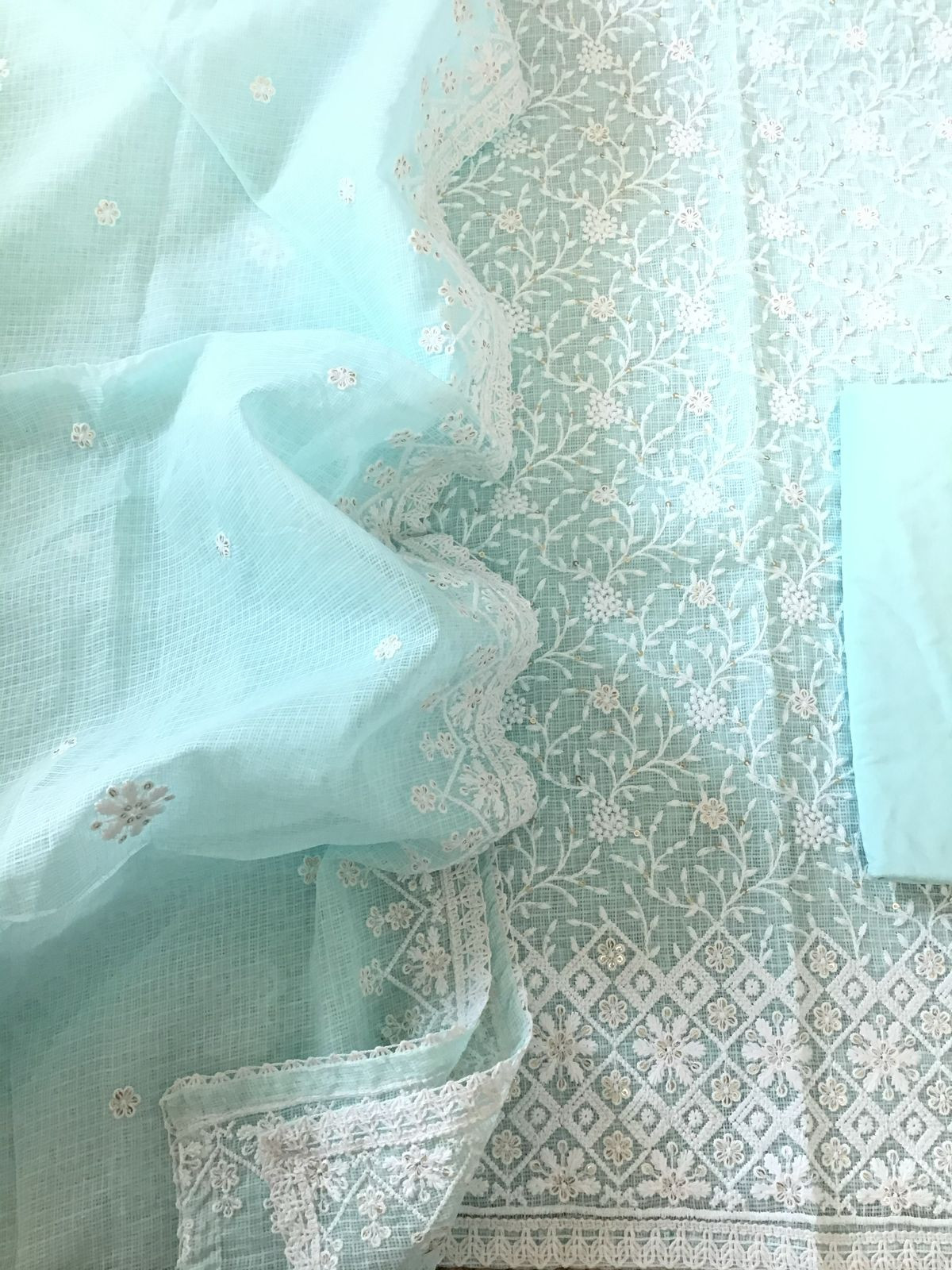 Soft Kota Silk Embroidered Suit - Blue