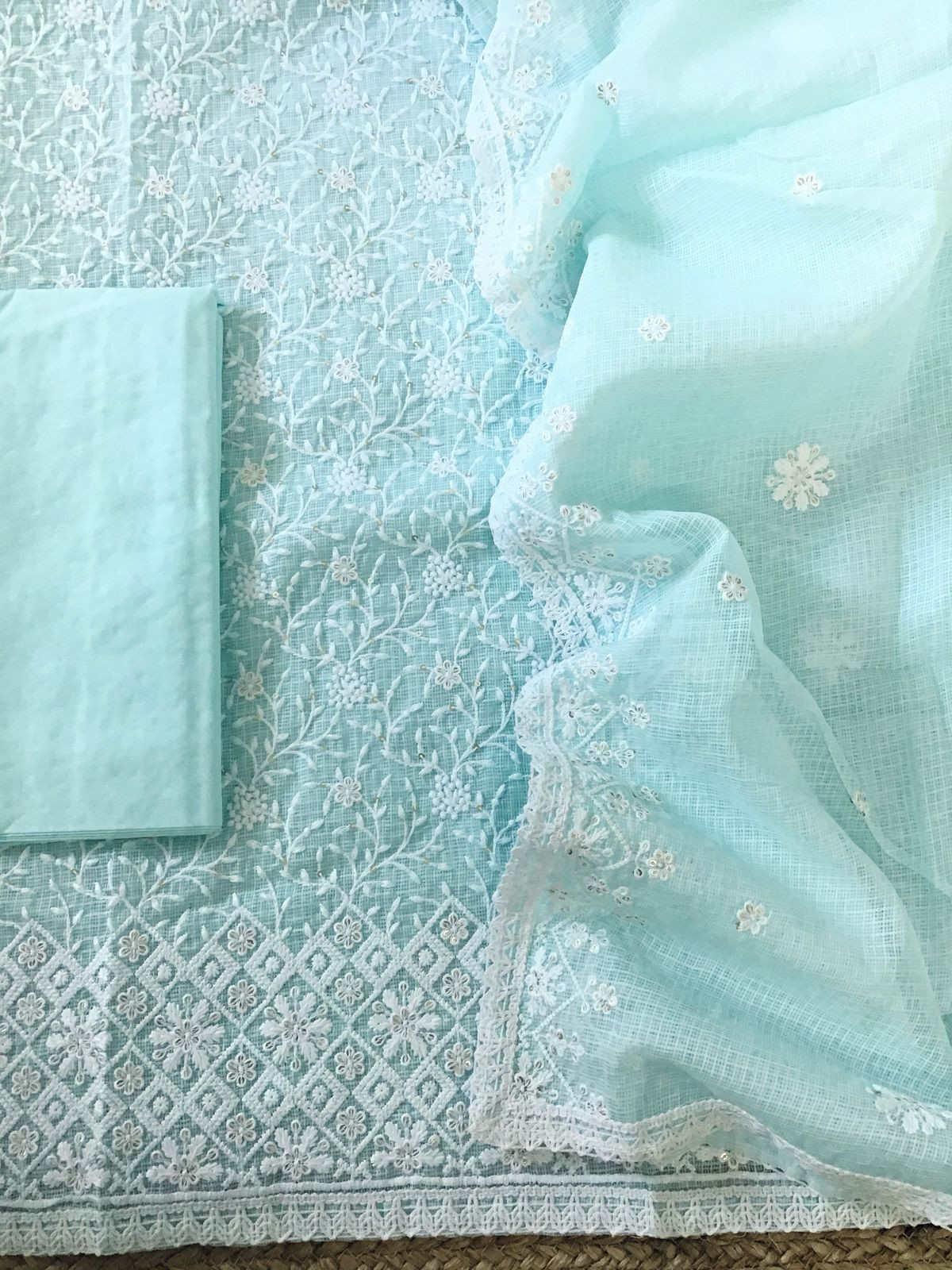 Soft Kota Silk Embroidered Suit - Blue