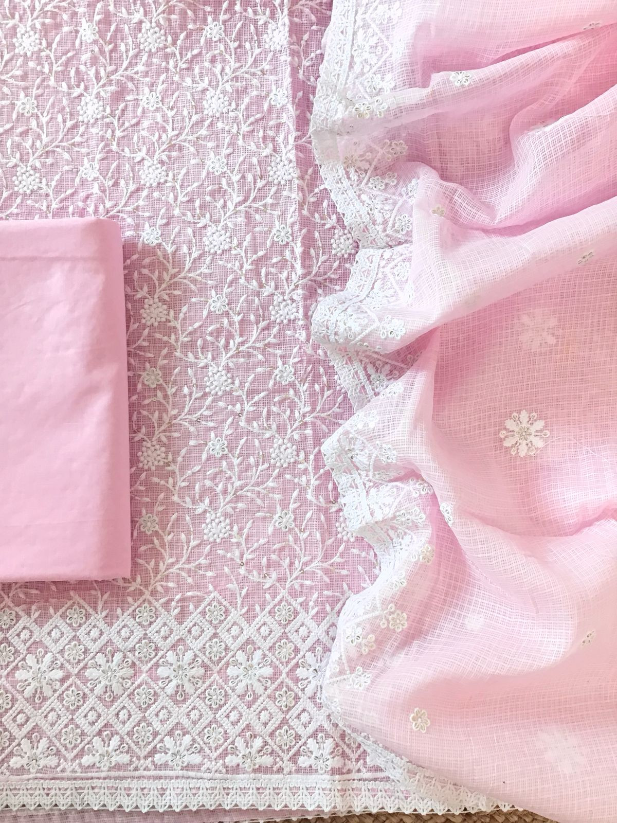 Soft Kota Silk Embroidered Suit - Pink