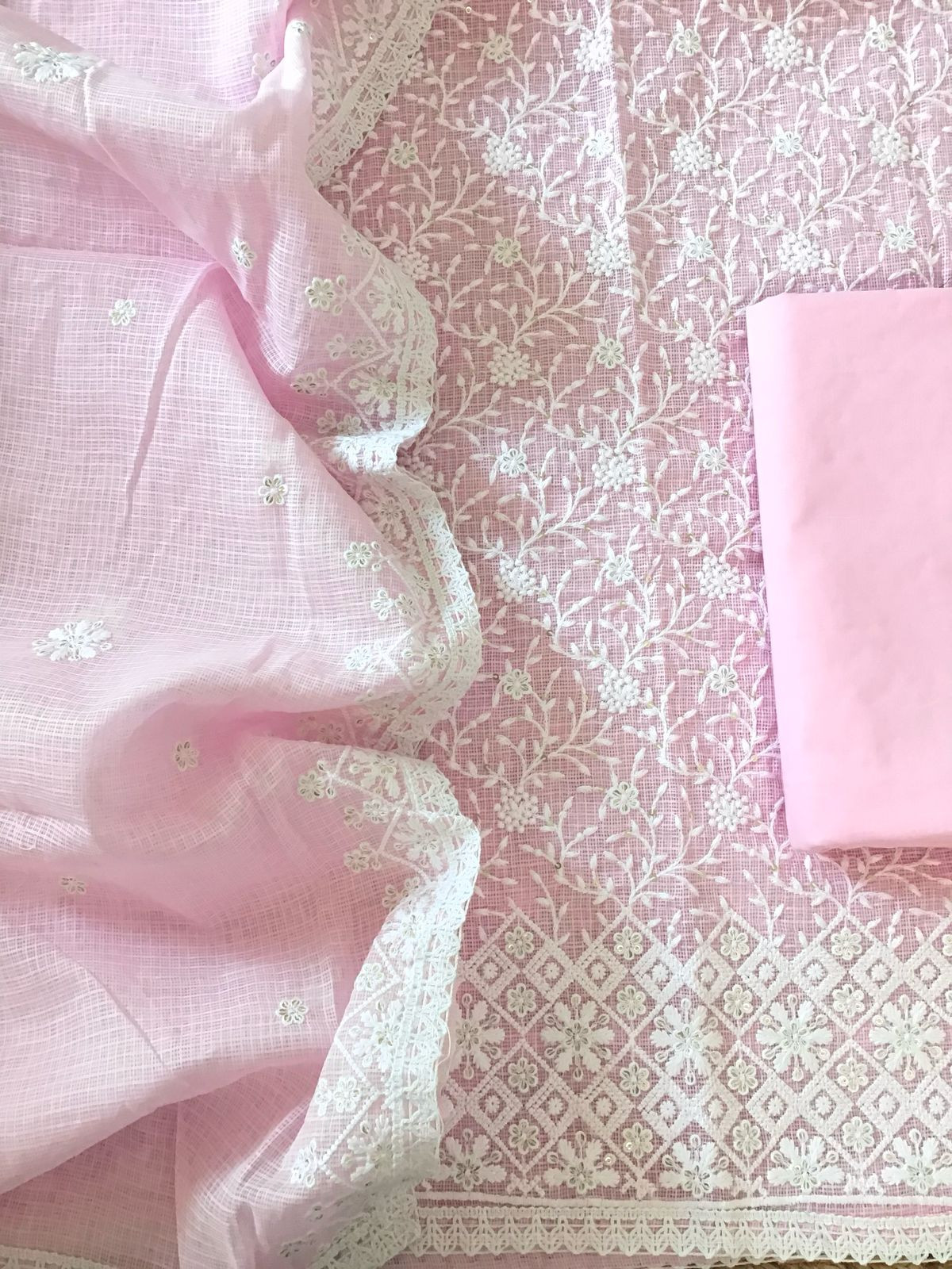 Soft Kota Silk Embroidered Suit - Pink