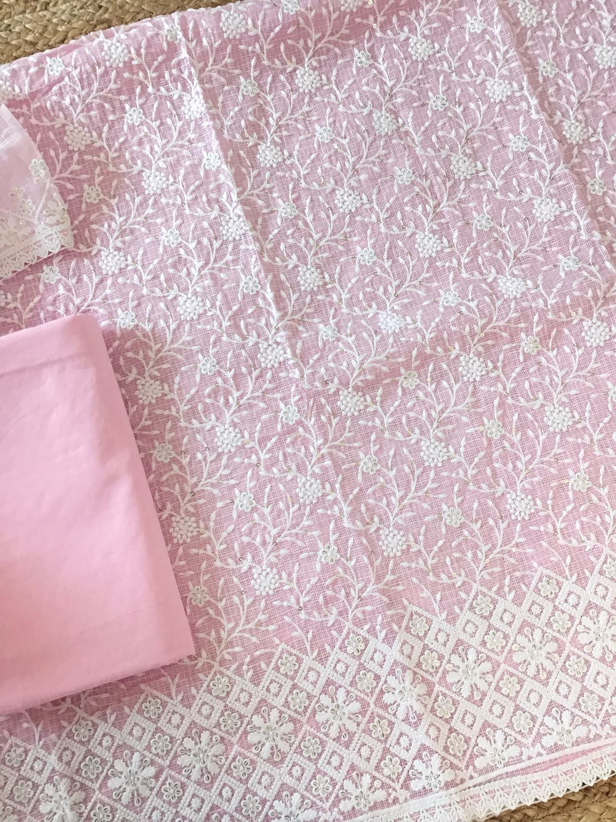 Soft Kota Silk Embroidered Suit - Pink