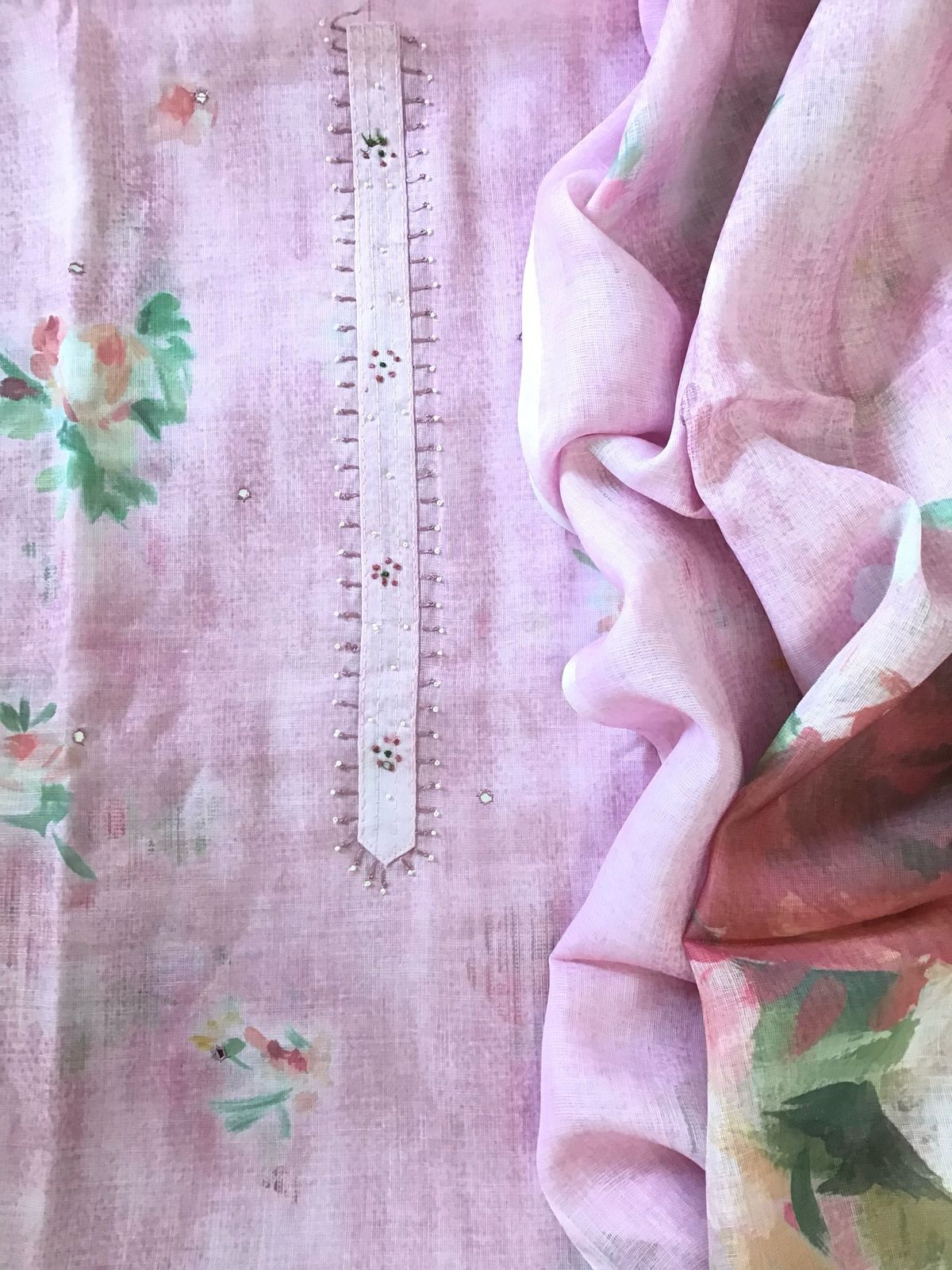 Soft Linen Jute Cotton Printed Embroidered Suit - Pink