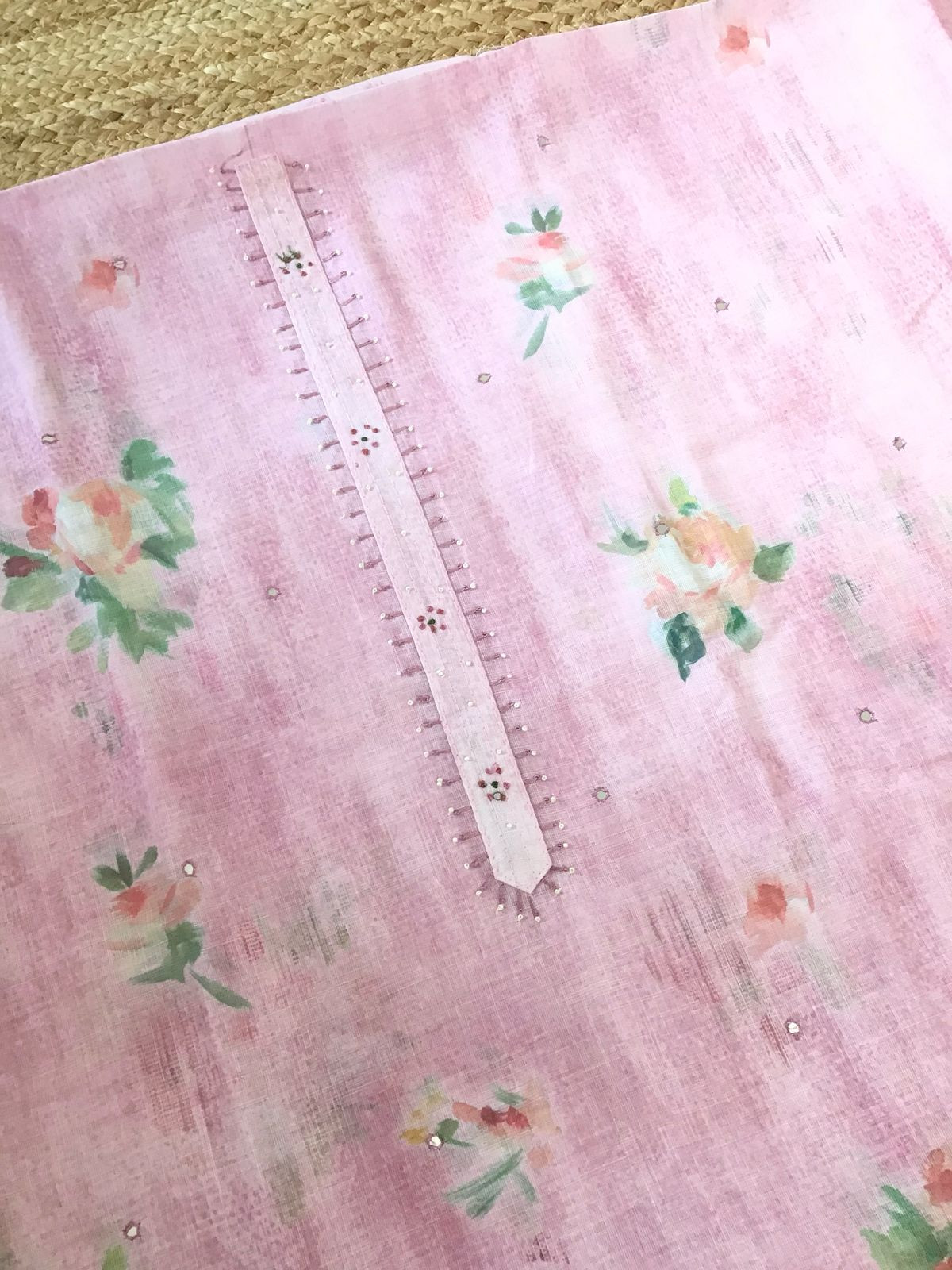 Soft Linen Jute Cotton Printed Embroidered Suit - Pink