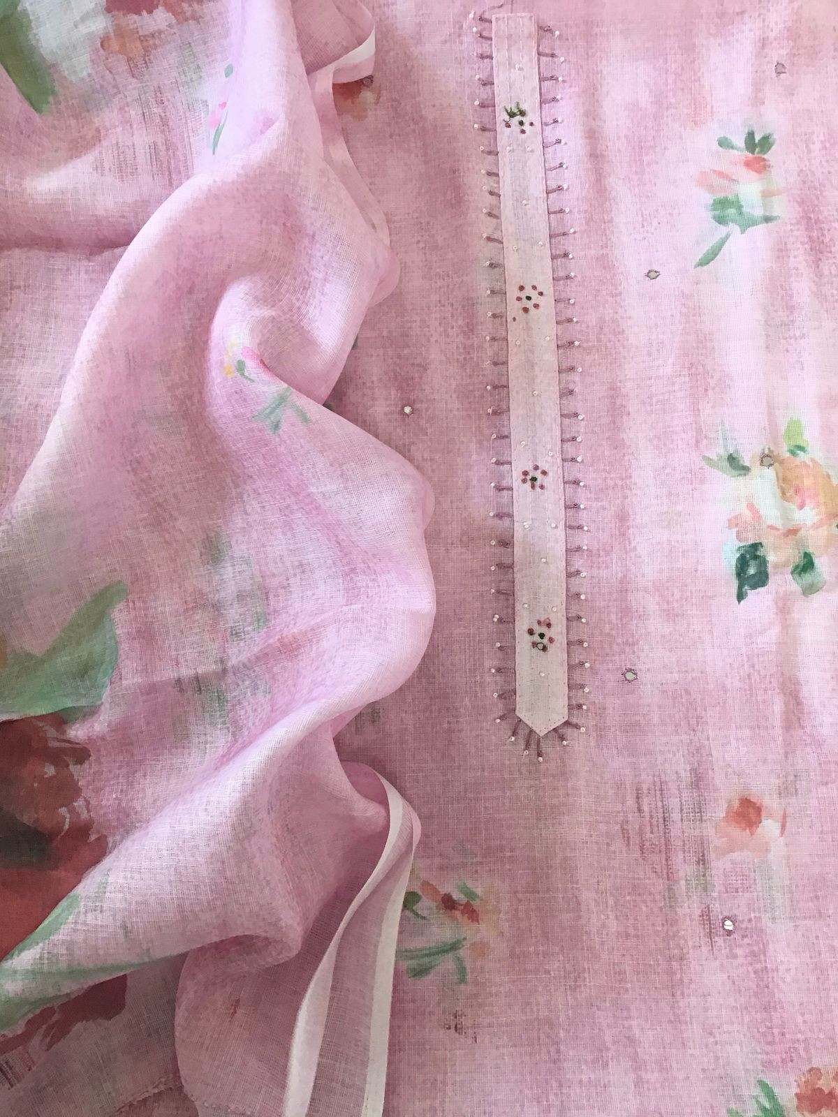 Soft Linen Jute Cotton Printed Embroidered Suit - Pink