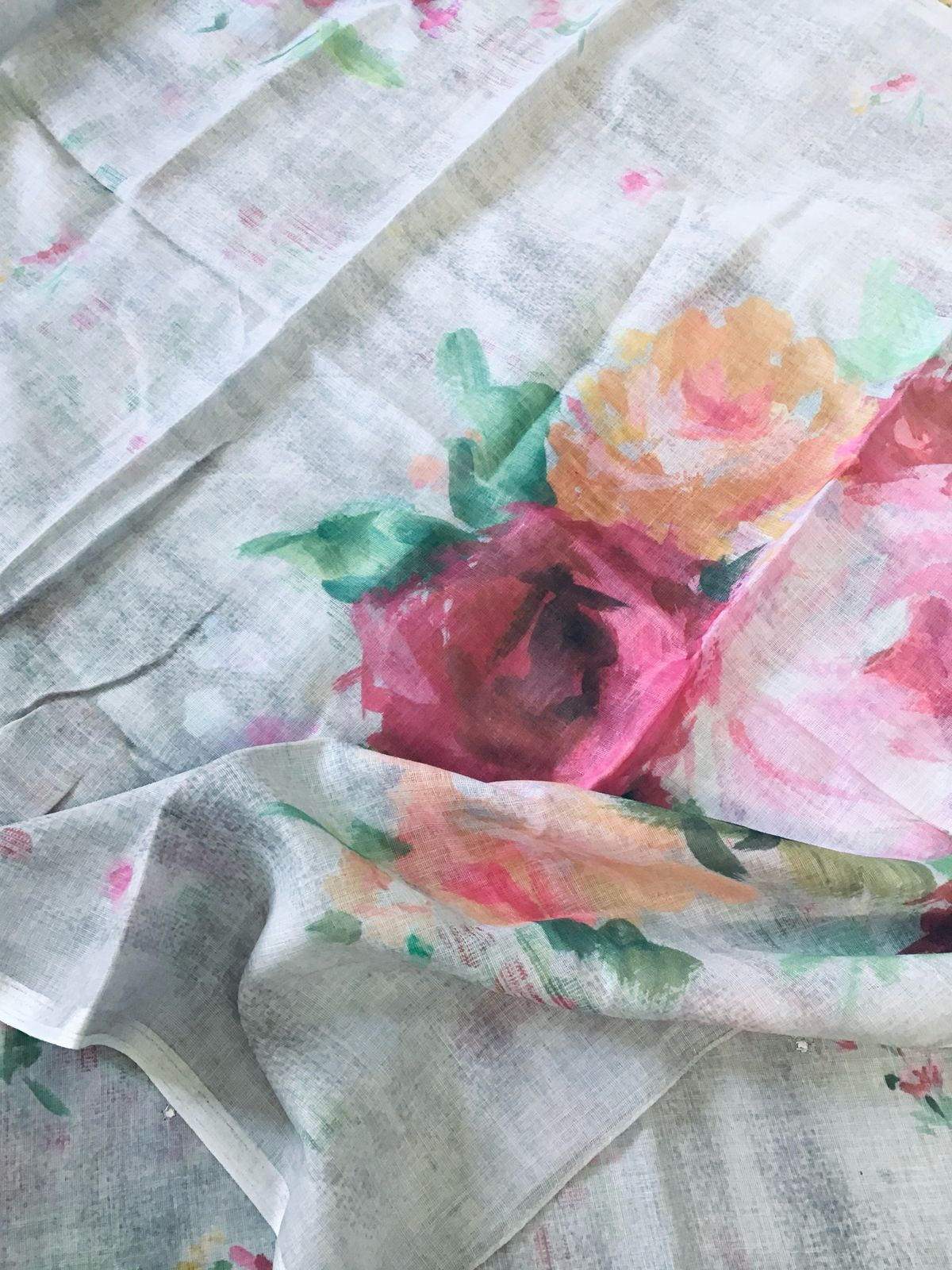 Soft Linen Jute Cotton Printed Embroidered Suit - Grey