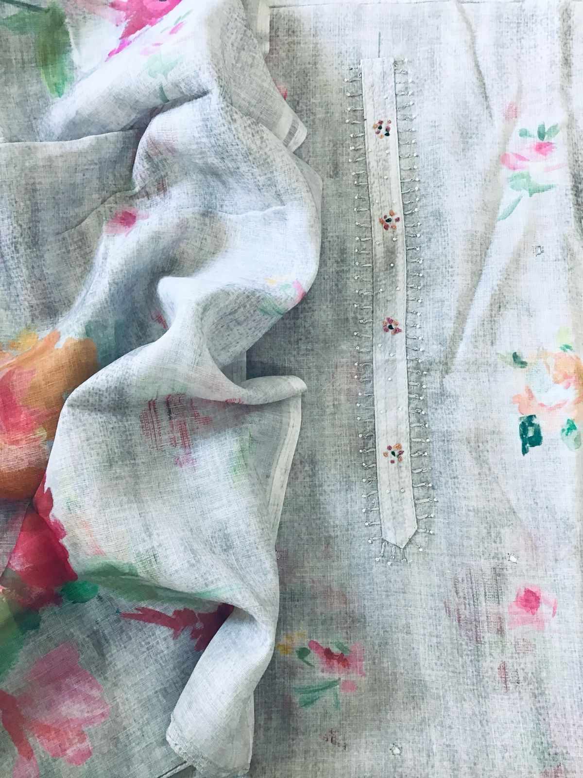 Soft Linen Jute Cotton Printed Embroidered Suit - Grey