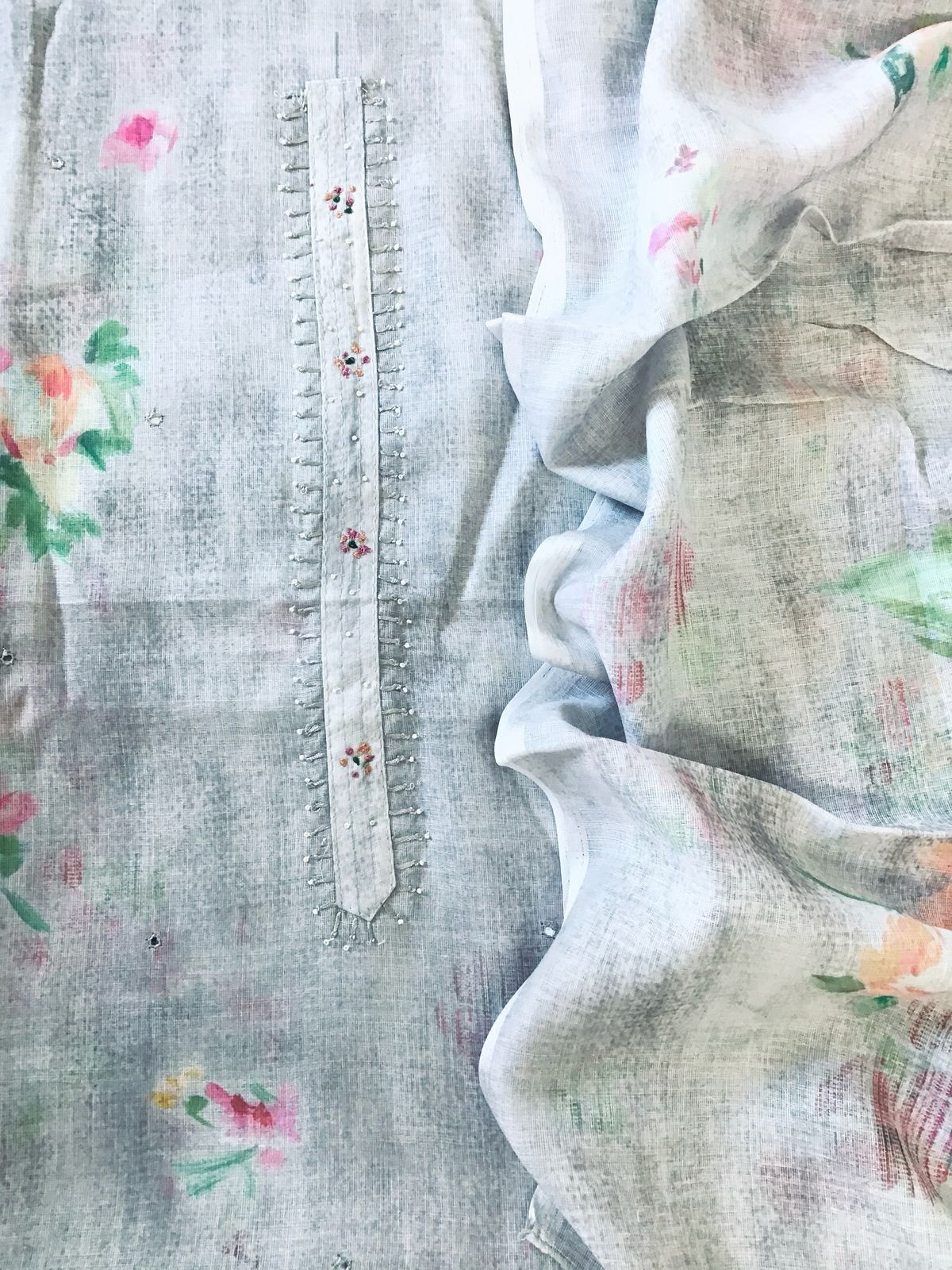 Soft Linen Jute Cotton Printed Embroidered Suit - Grey